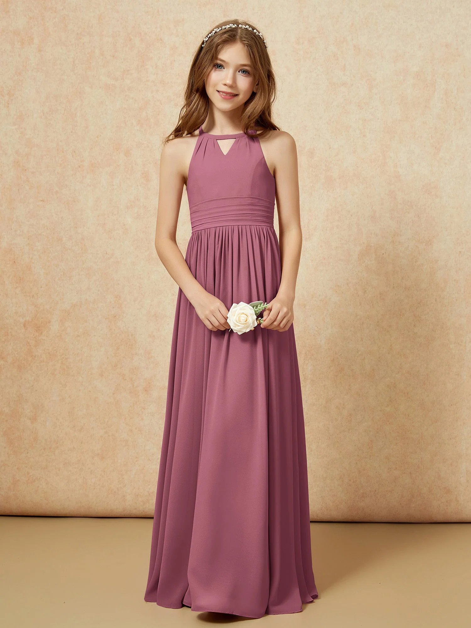 Halshalter Ärmellos Lang Chiffon Junge Brautjungfernkleider Maulbeere - Image 5
