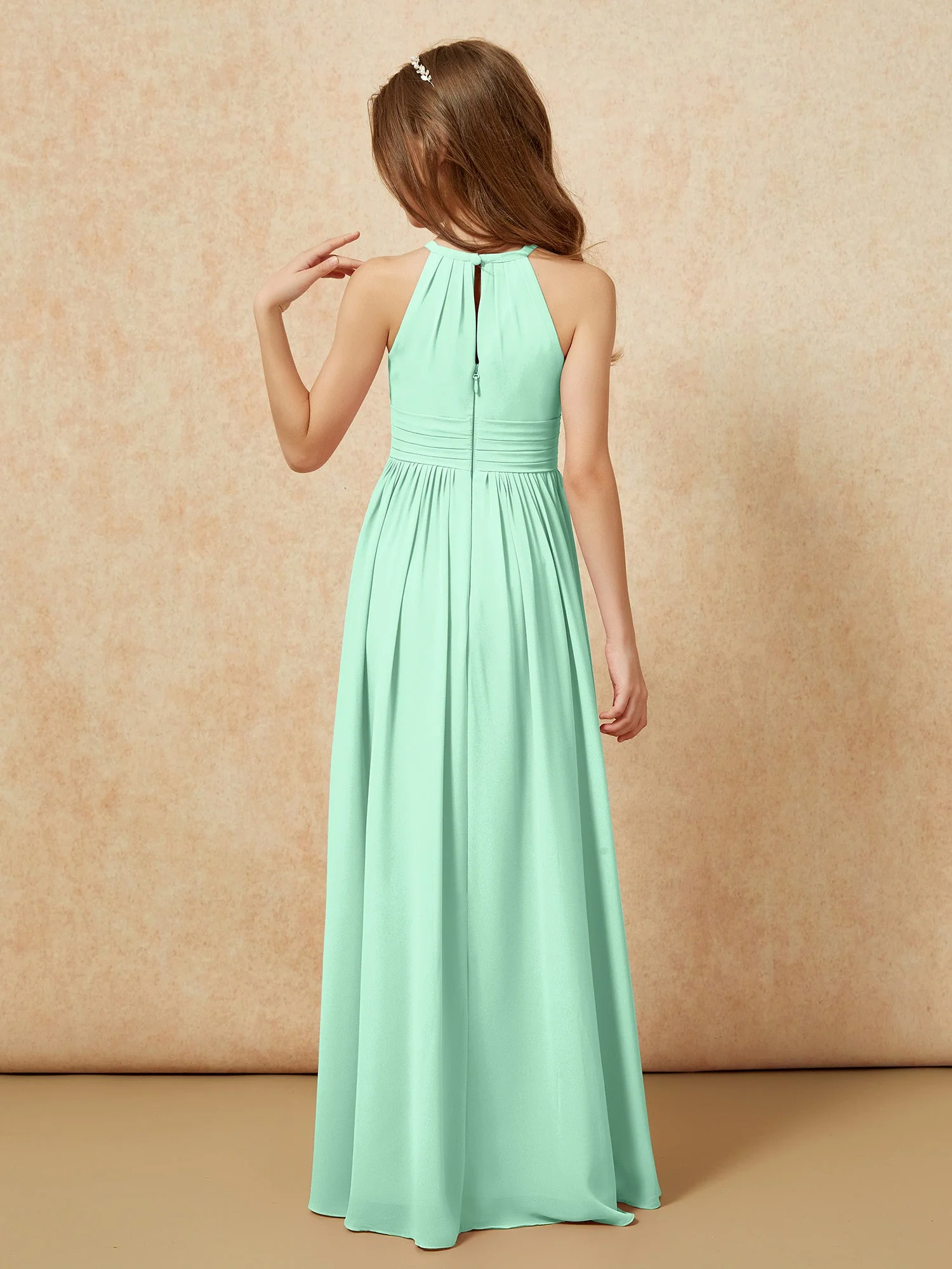Halshalter Ärmellos Lang Chiffon Junge Brautjungfernkleider Minzgrün - Image 2