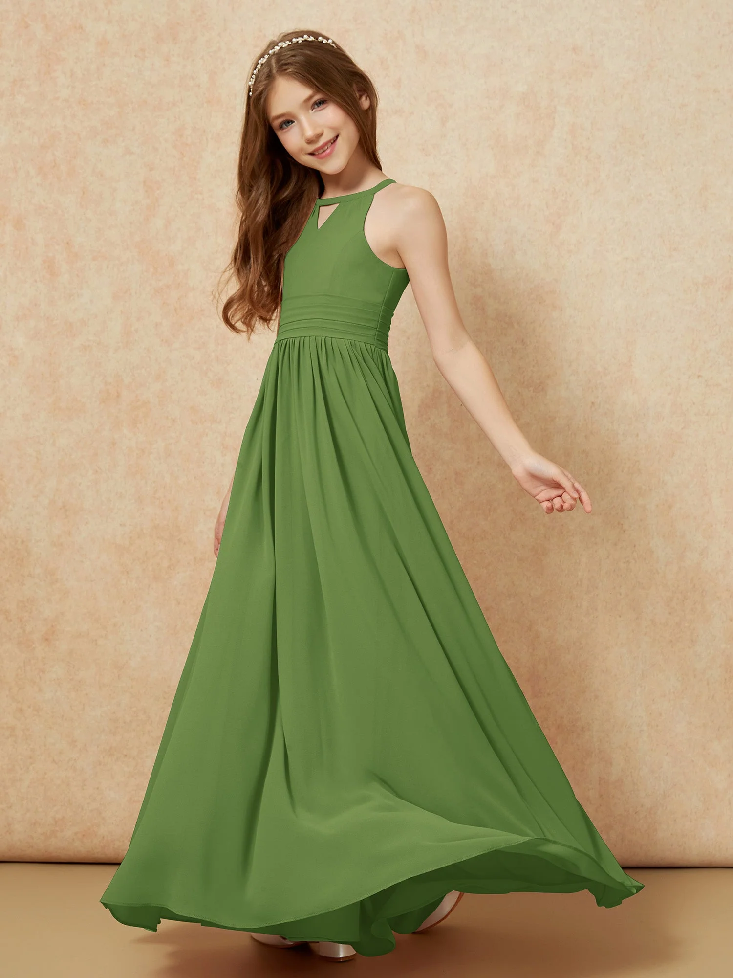Halshalter Ärmellos Lang Chiffon Junge Brautjungfernkleider Moos - Image 3