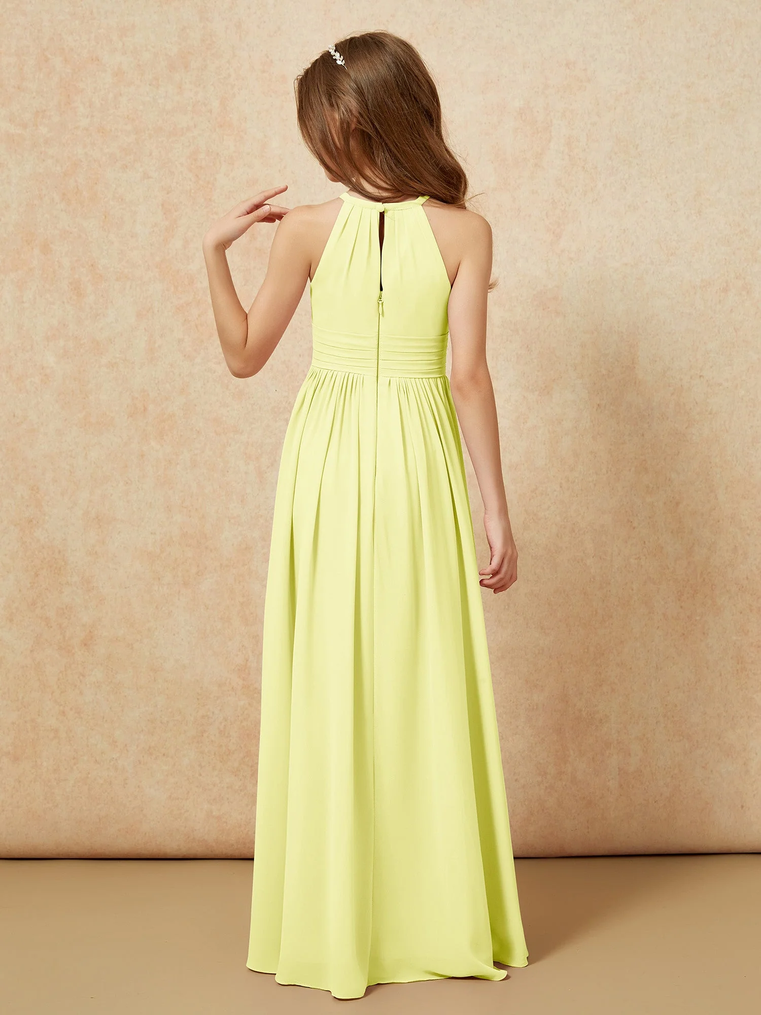 Halshalter Ärmellos Lang Chiffon Junge Brautjungfernkleider Narzisse - Image 2