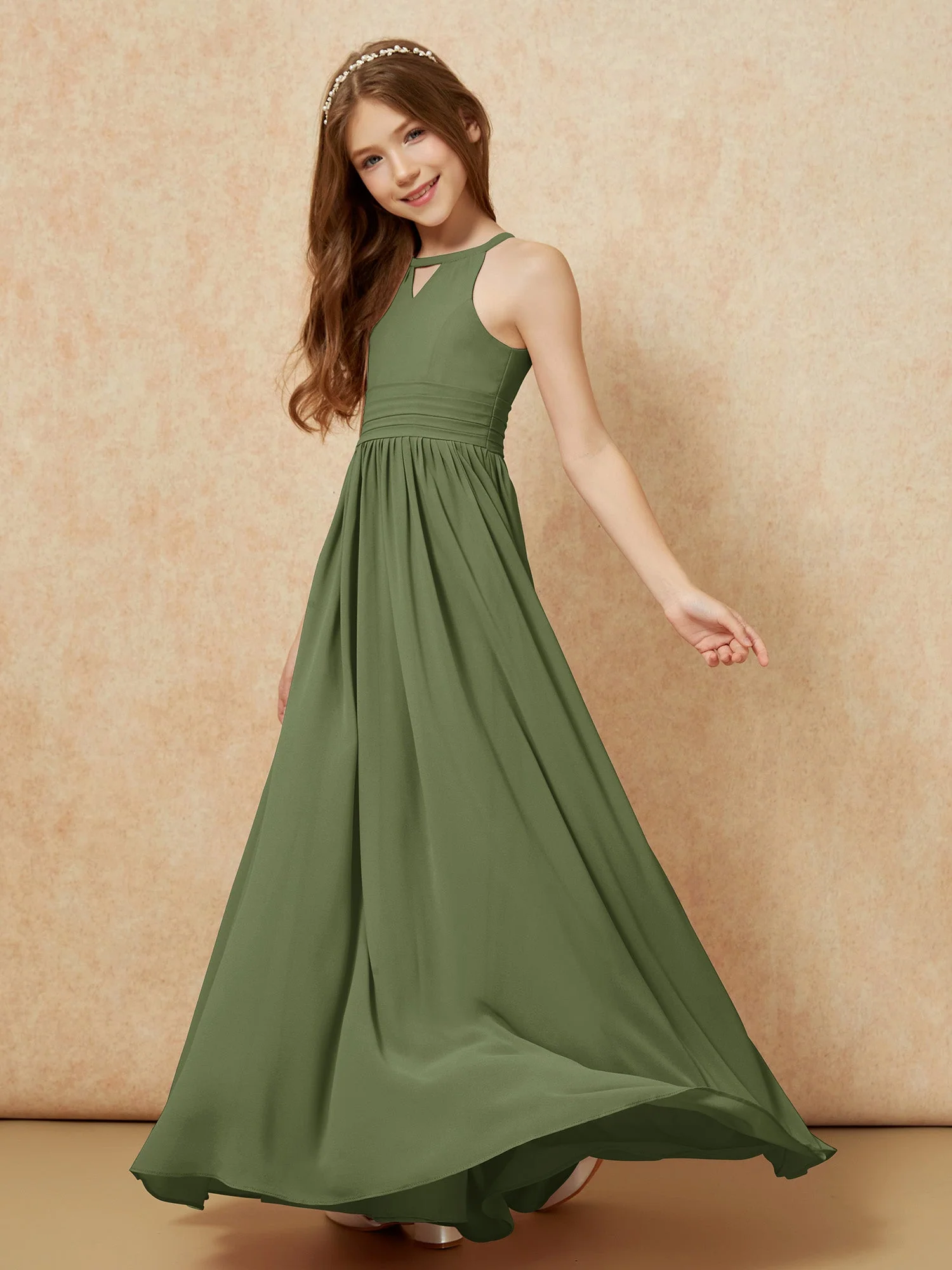 Halshalter Ärmellos Lang Chiffon Junge Brautjungfernkleider Olivgrün - Image 3