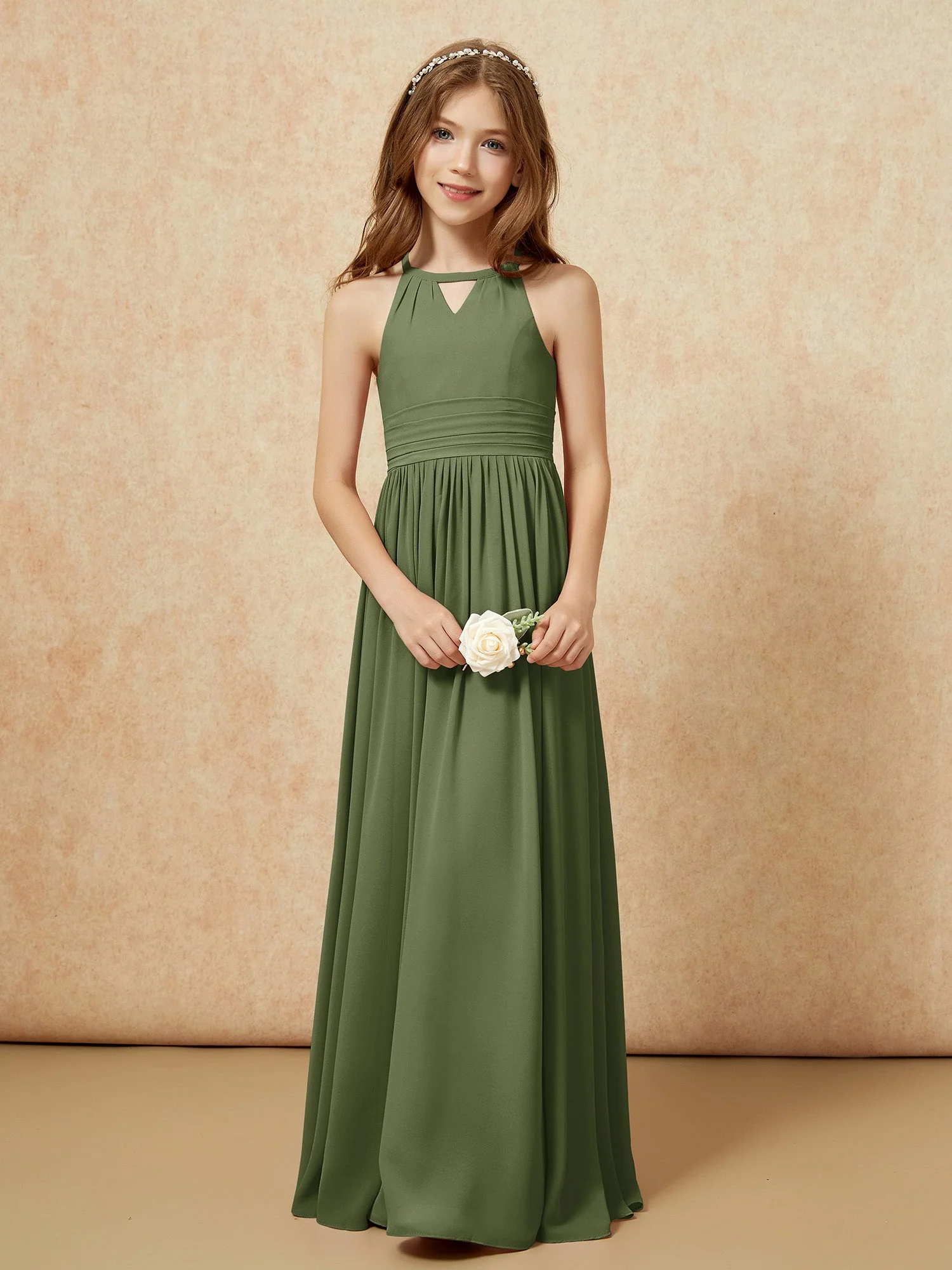 Halshalter Ärmellos Lang Chiffon Junge Brautjungfernkleider Olivgrün - Image 5