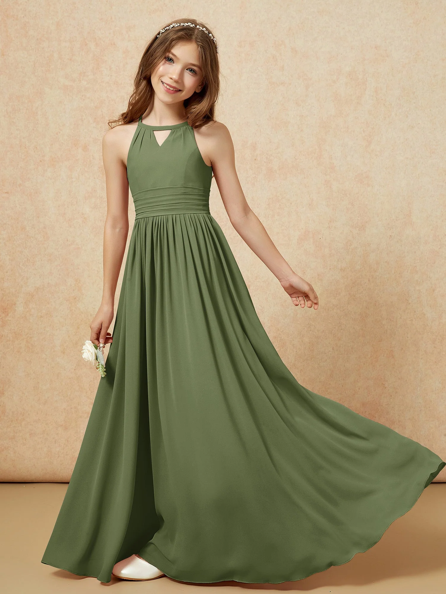 Halshalter Ärmellos Lang Chiffon Junge Brautjungfernkleider Olivgrün - Image 6