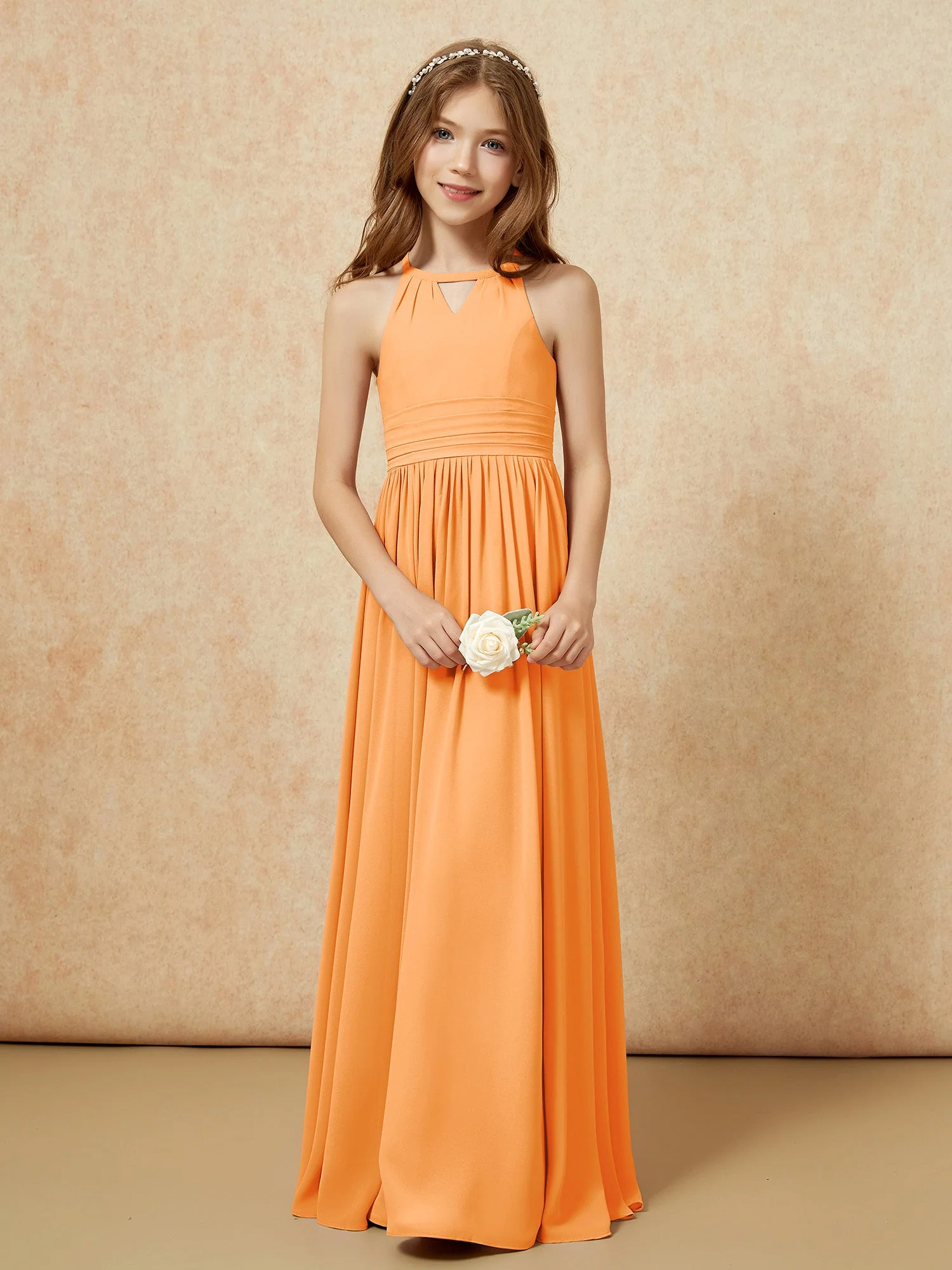 Halshalter Ärmellos Lang Chiffon Junge Brautjungfernkleider Orange - Image 5