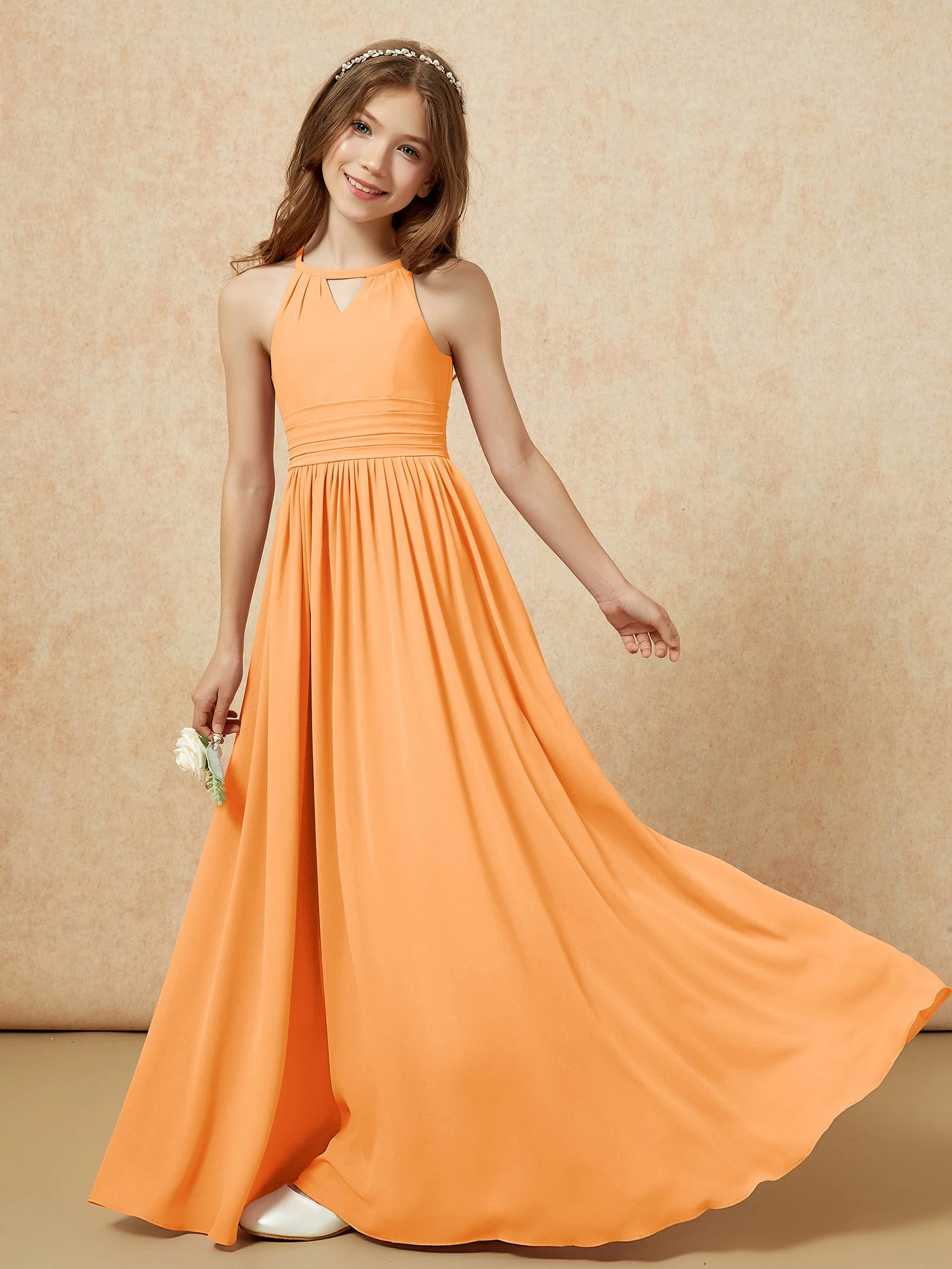 Halshalter Ärmellos Lang Chiffon Junge Brautjungfernkleider Orange - Image 6