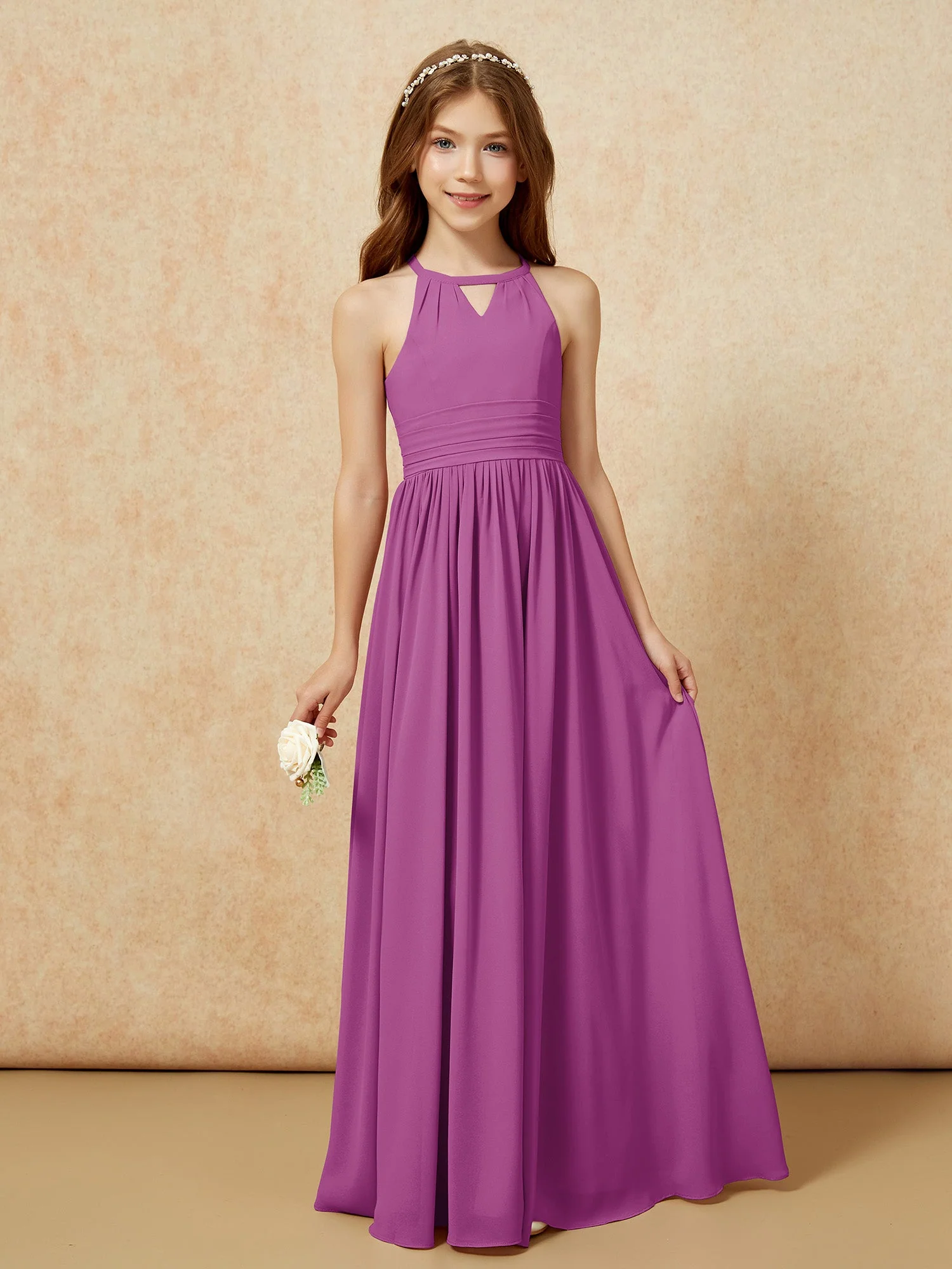 Halshalter Ärmellos Lang Chiffon Junge Brautjungfernkleider Orchidee
