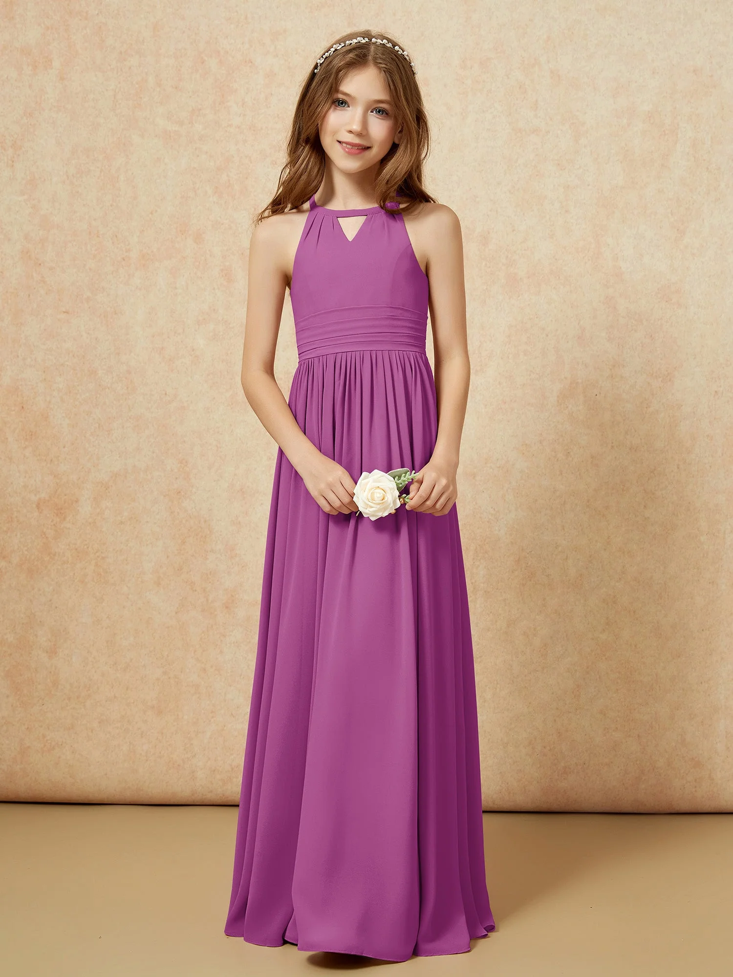 Halshalter Ärmellos Lang Chiffon Junge Brautjungfernkleider Orchidee - Image 5