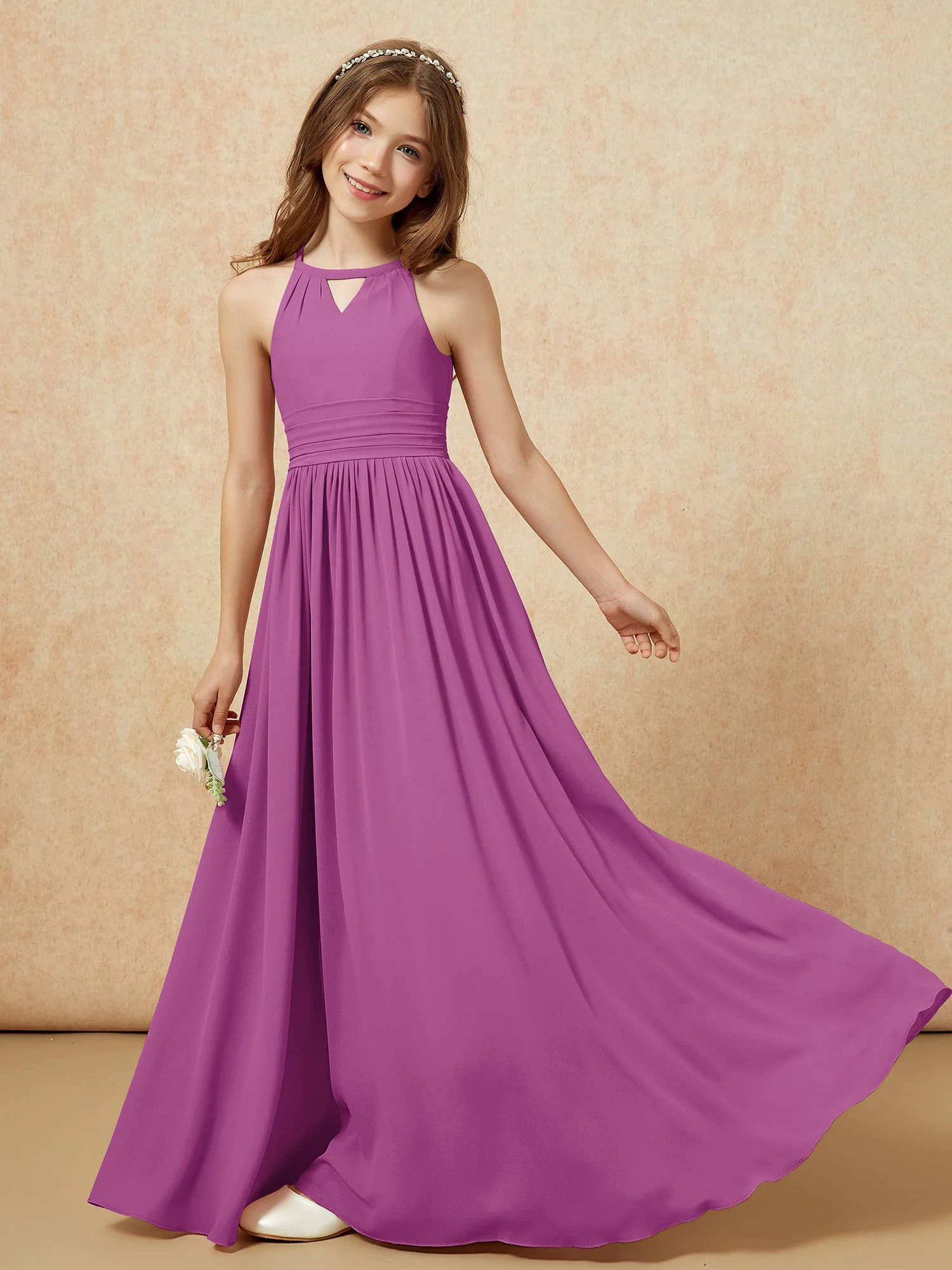 Halshalter Ärmellos Lang Chiffon Junge Brautjungfernkleider Orchidee - Image 6