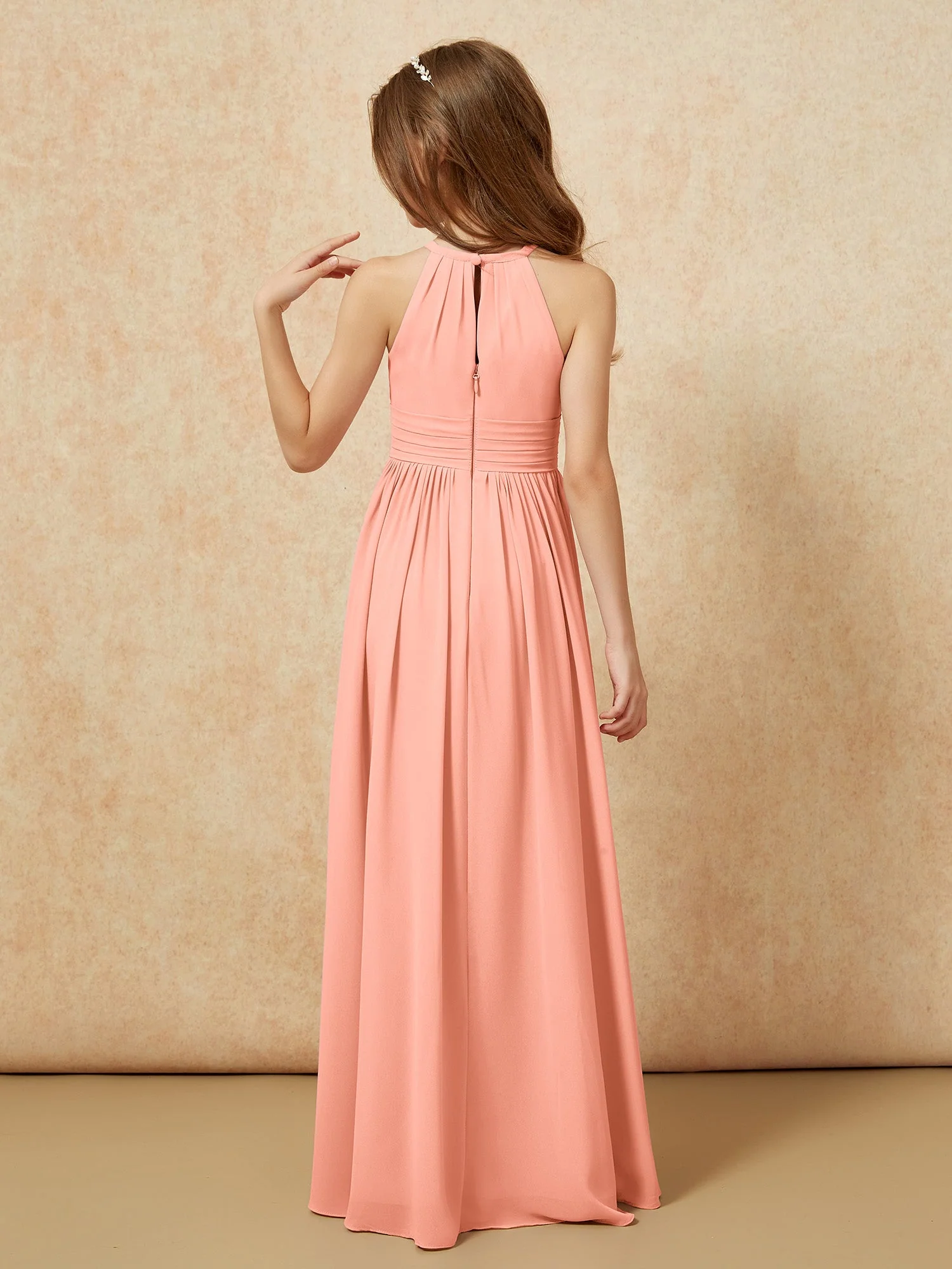 Halshalter Ärmellos Lang Chiffon Junge Brautjungfernkleider Papaya - Image 2