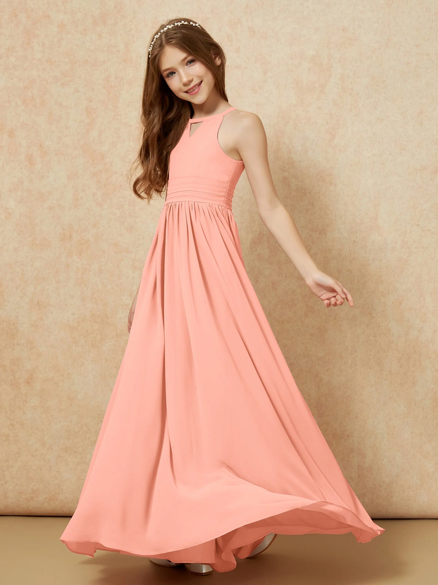 Halshalter Ärmellos Lang Chiffon Junge Brautjungfernkleider Papaya - Image 3