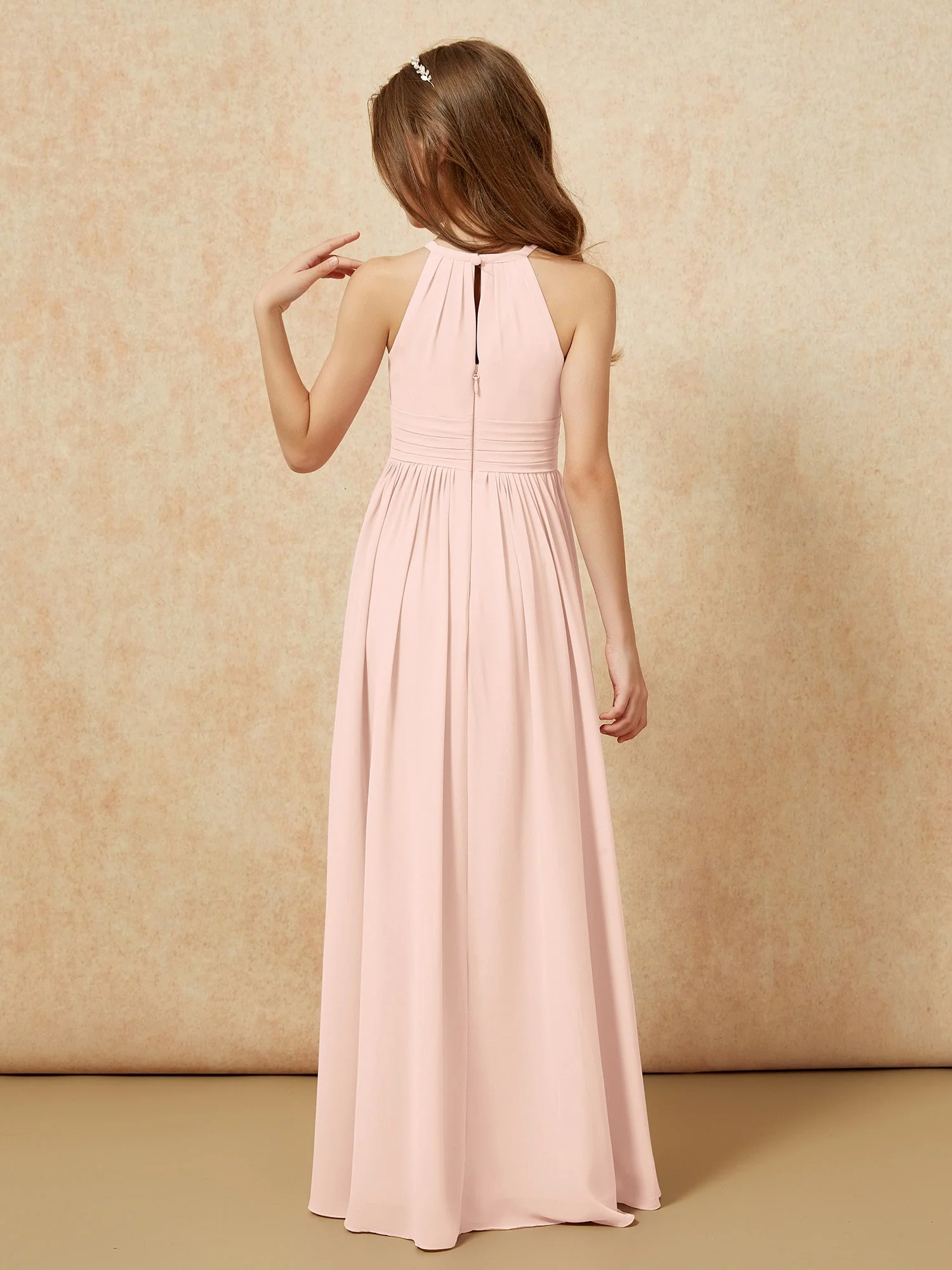 Halshalter Ärmellos Lang Chiffon Junge Brautjungfernkleider Perlrosa - Image 2