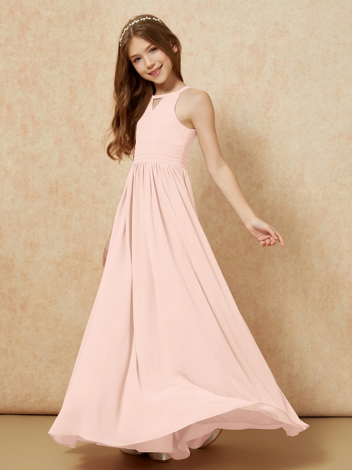 Halshalter Ärmellos Lang Chiffon Junge Brautjungfernkleider Perlrosa - Image 3