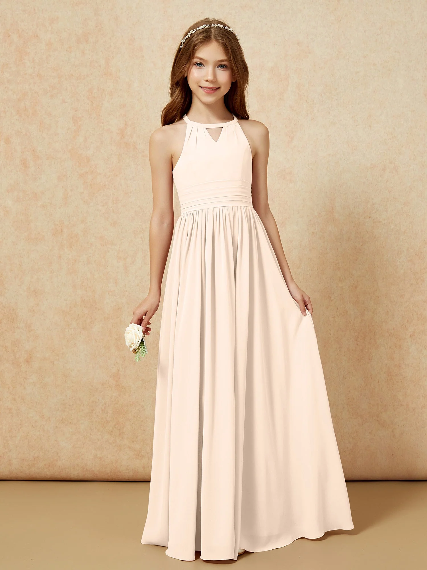 Halshalter Ärmellos Lang Chiffon Junge Brautjungfernkleider Pfirsich