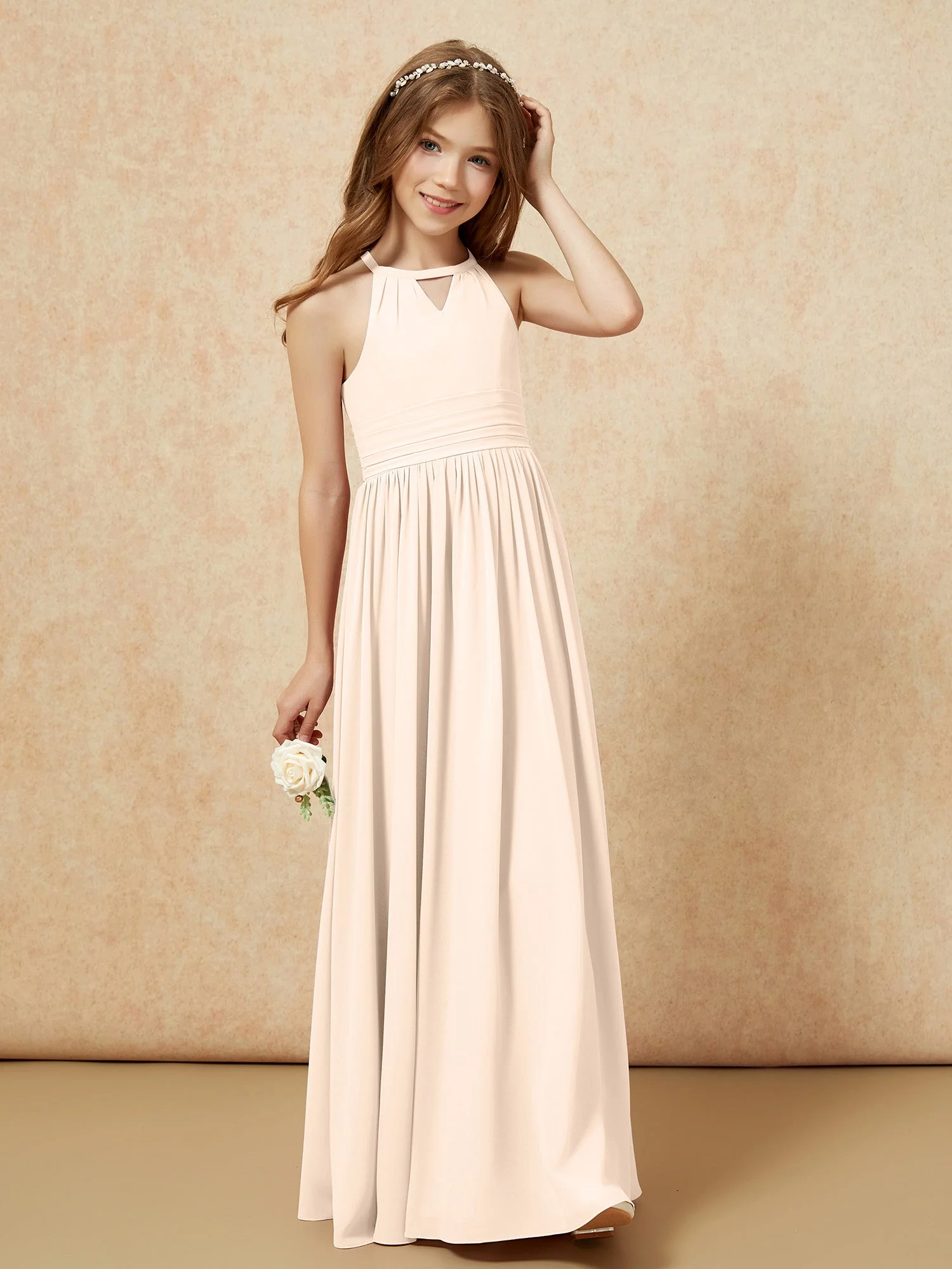 Halshalter Ärmellos Lang Chiffon Junge Brautjungfernkleider Pfirsich - Image 4