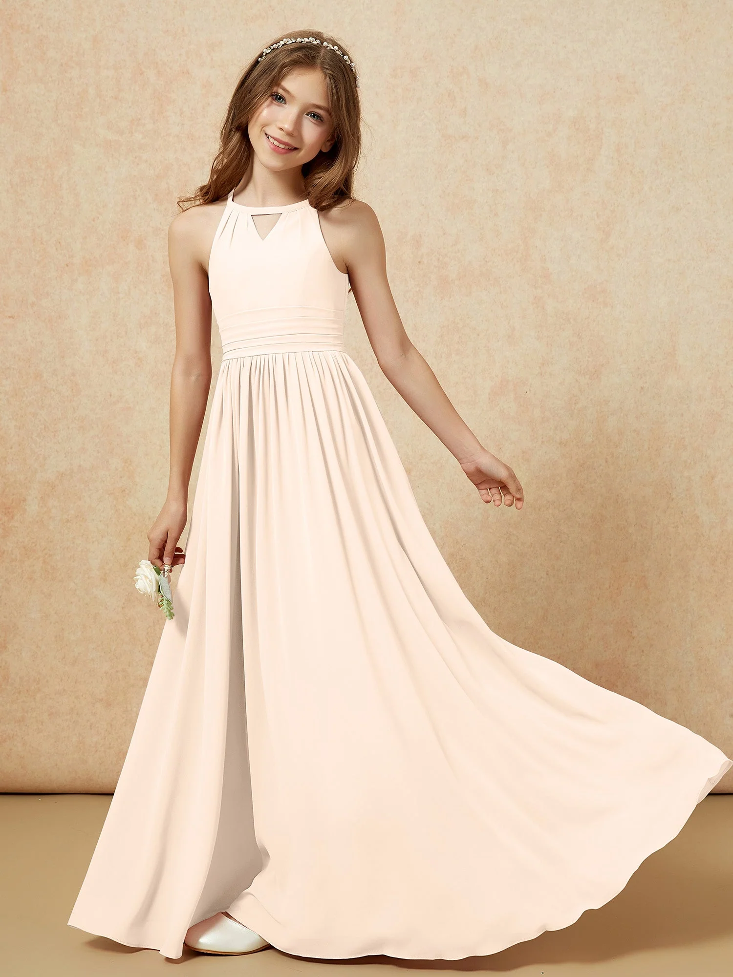 Halshalter Ärmellos Lang Chiffon Junge Brautjungfernkleider Pfirsich - Image 6