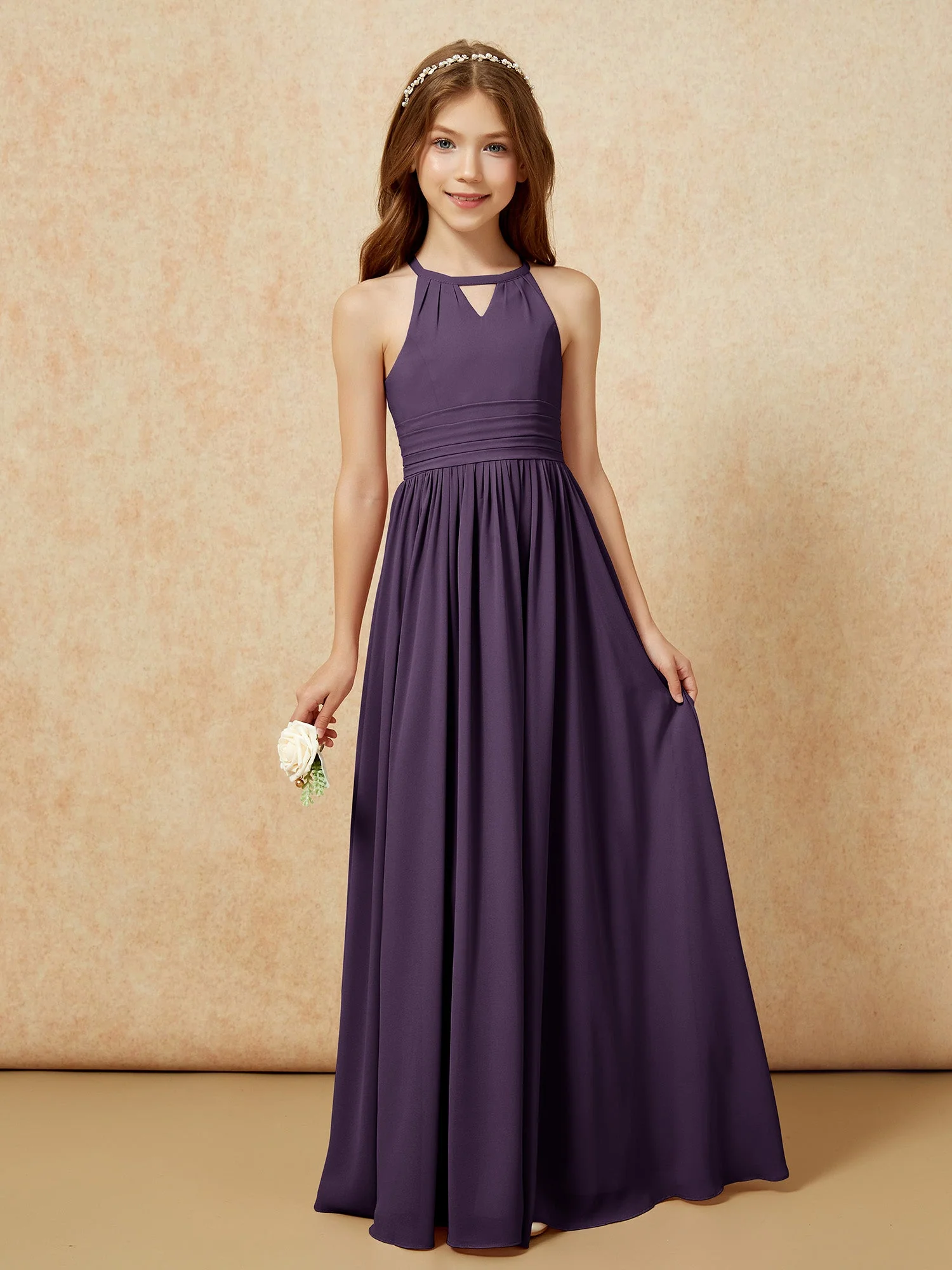 Halshalter Ärmellos Lang Chiffon Junge Brautjungfernkleider Plum