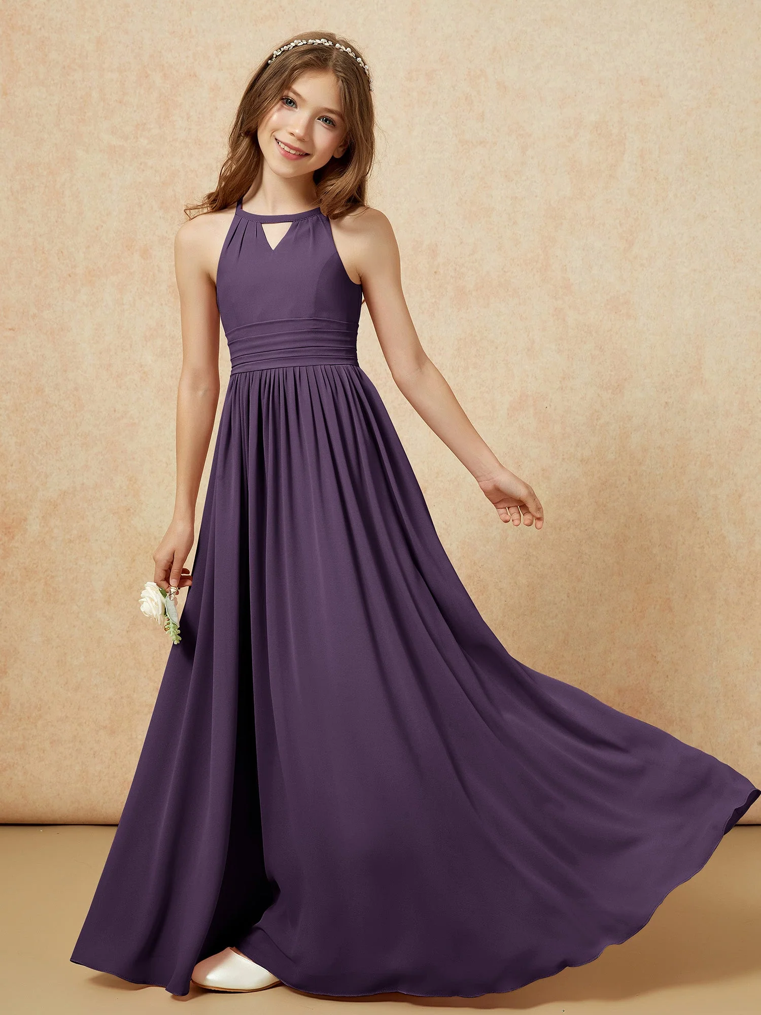 Halshalter Ärmellos Lang Chiffon Junge Brautjungfernkleider Plum - Image 6