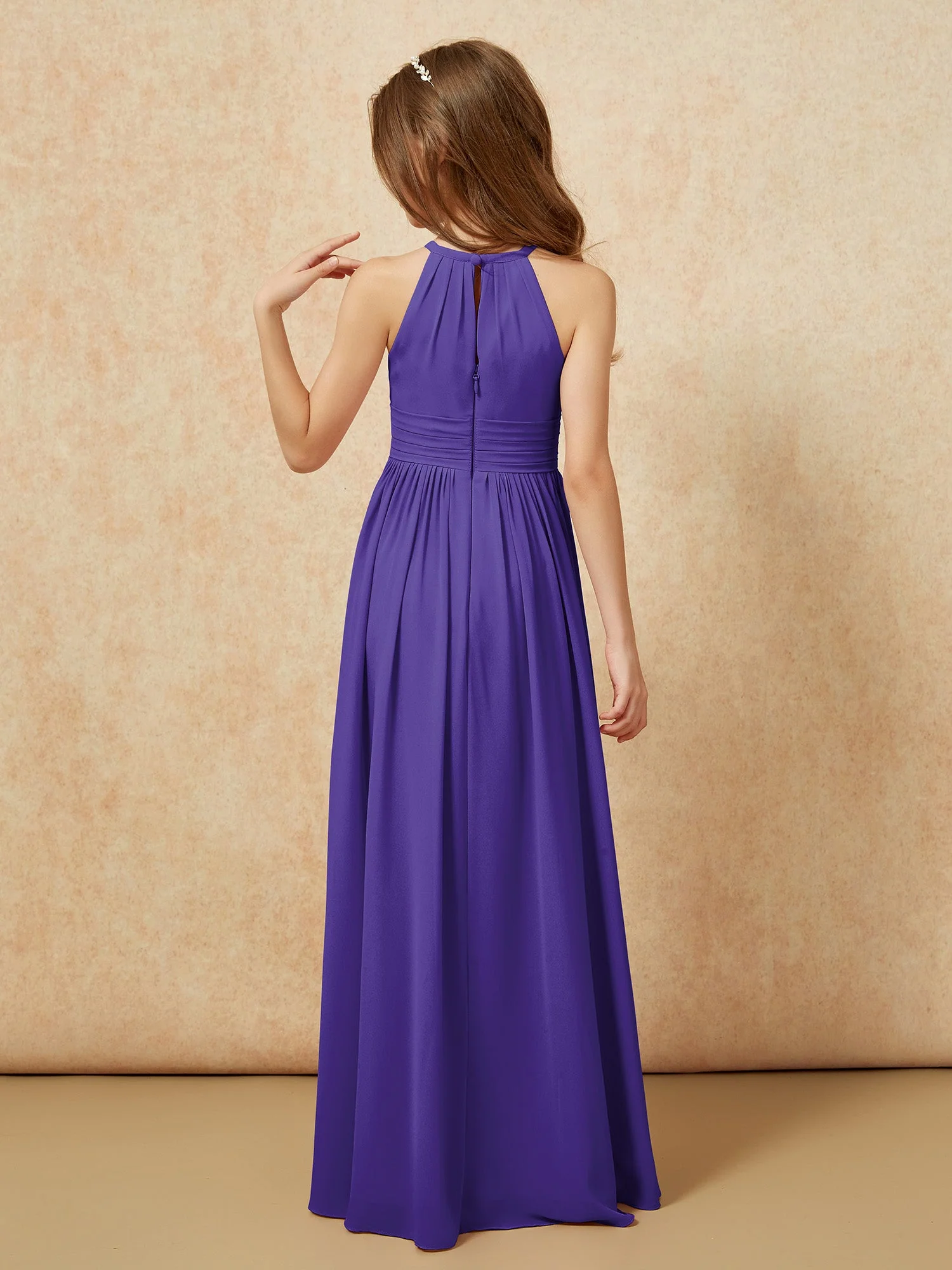 Halshalter Ärmellos Lang Chiffon Junge Brautjungfernkleider Regentschaft - Image 2