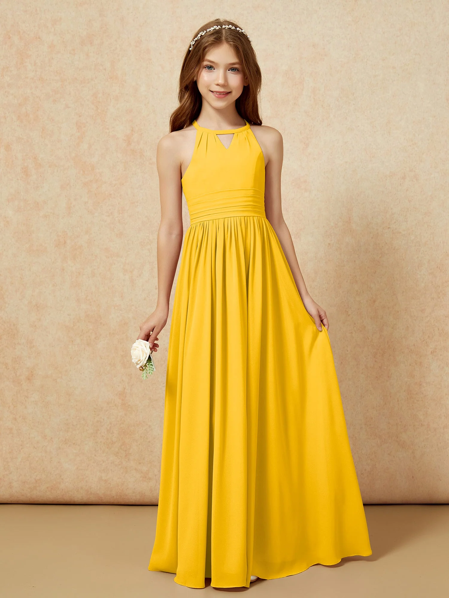 Halshalter Ärmellos Lang Chiffon Junge Brautjungfernkleider Ringelblume
