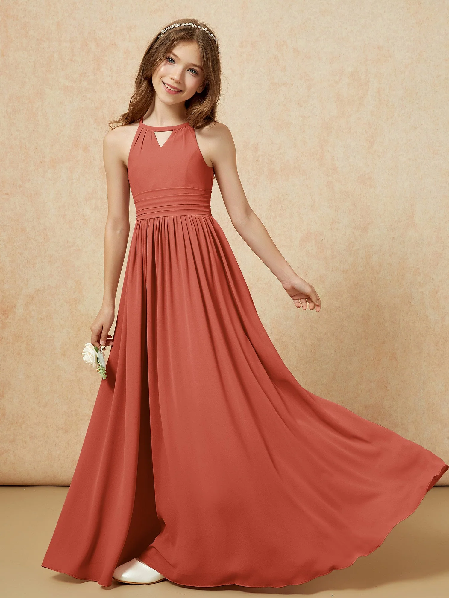 Halshalter Ärmellos Lang Chiffon Junge Brautjungfernkleider Rost - Image 6