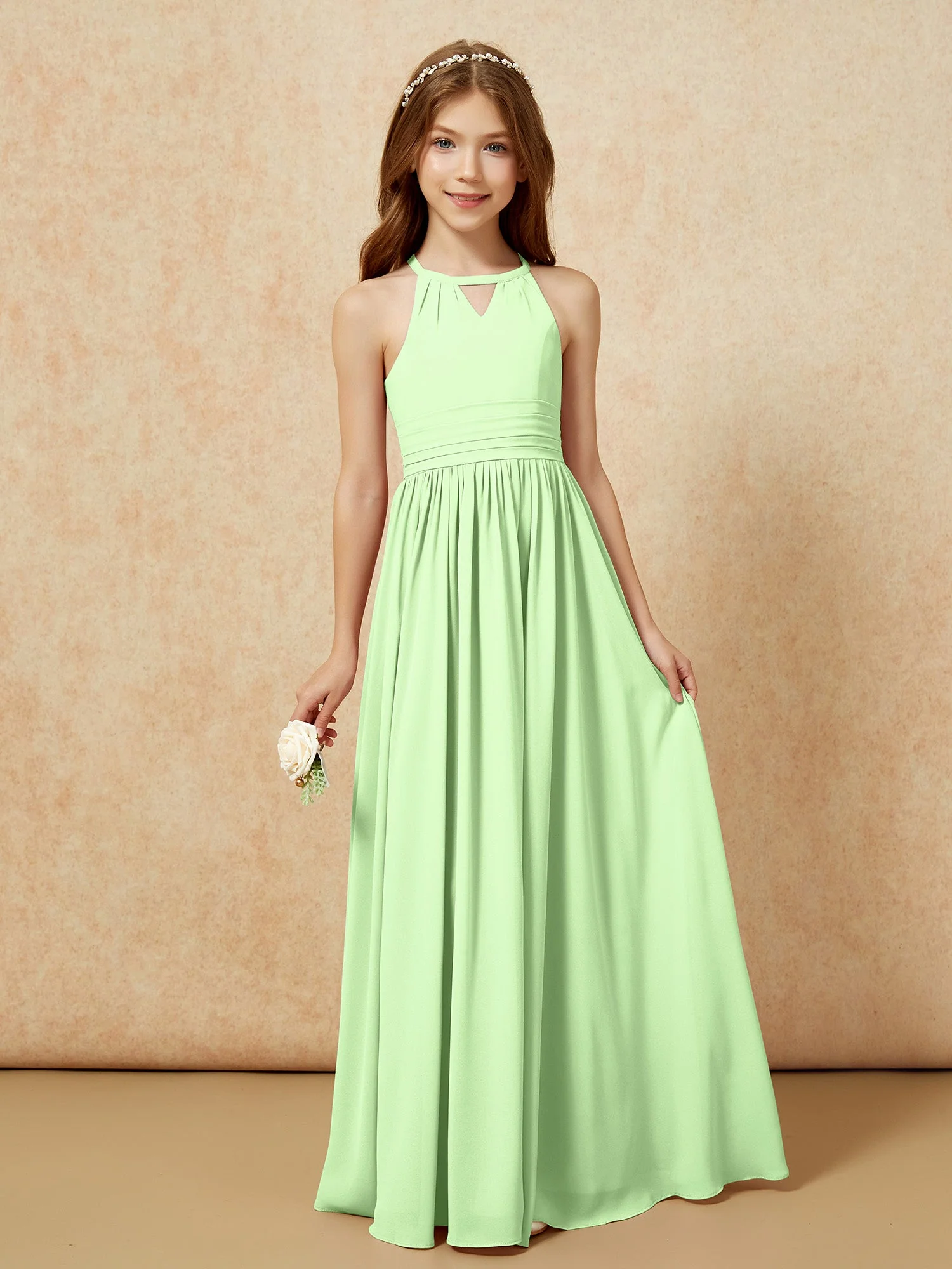 Halshalter Ärmellos Lang Chiffon Junge Brautjungfernkleider Salbei