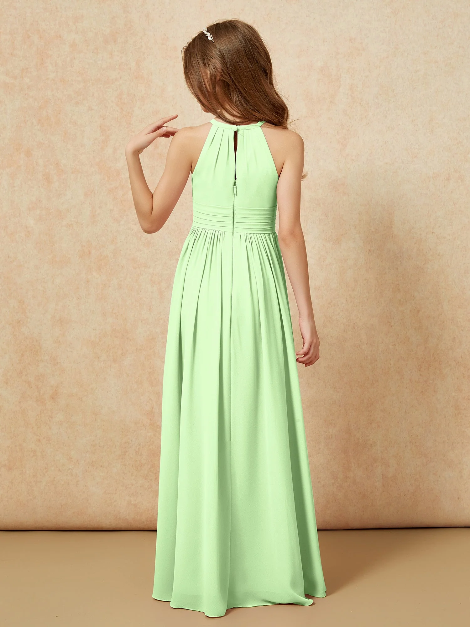 Halshalter Ärmellos Lang Chiffon Junge Brautjungfernkleider Salbei - Image 2