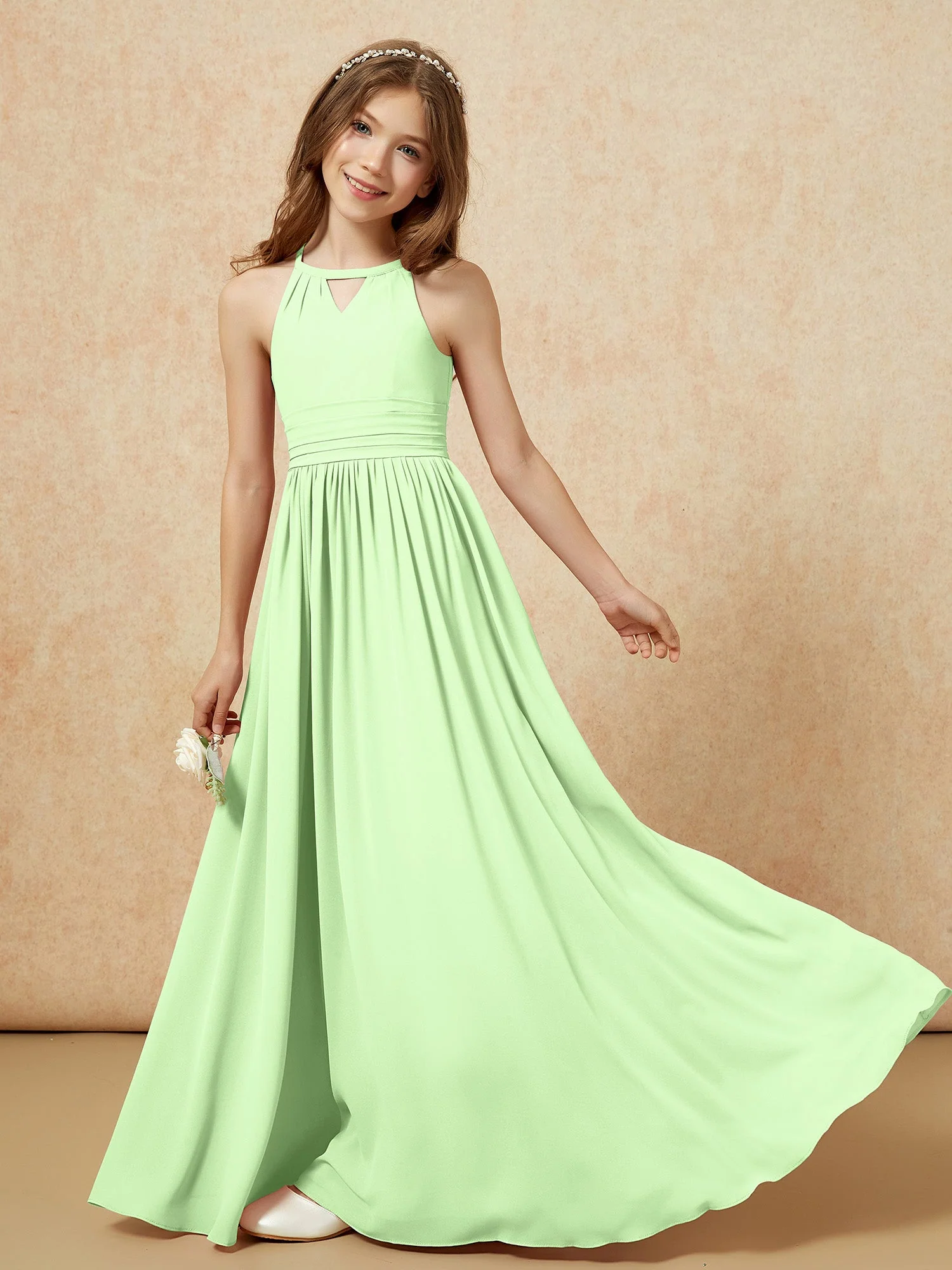 Halshalter Ärmellos Lang Chiffon Junge Brautjungfernkleider Salbei - Image 6