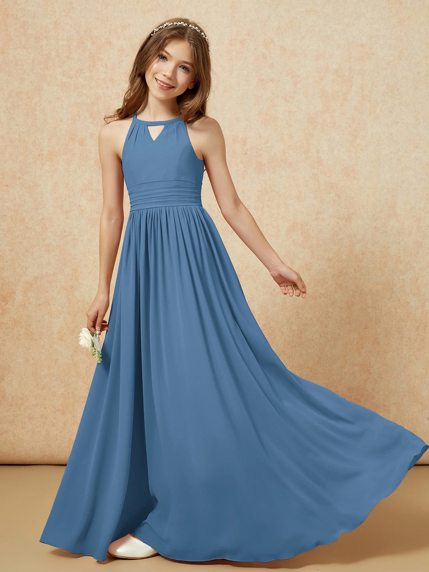 Halshalter Ärmellos Lang Chiffon Junge Brautjungfernkleider Schiefer Blau - Image 6