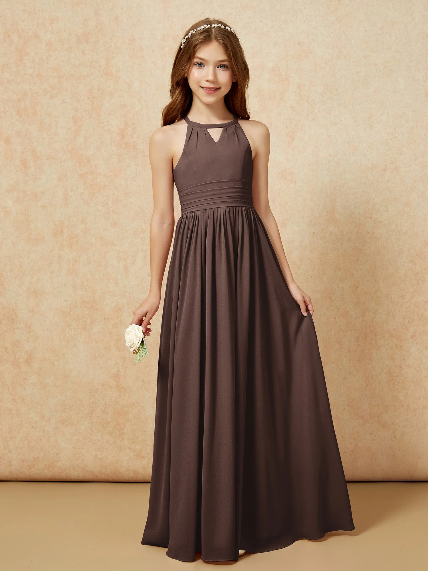 Halshalter Ärmellos Lang Chiffon Junge Brautjungfernkleider Schokolade
