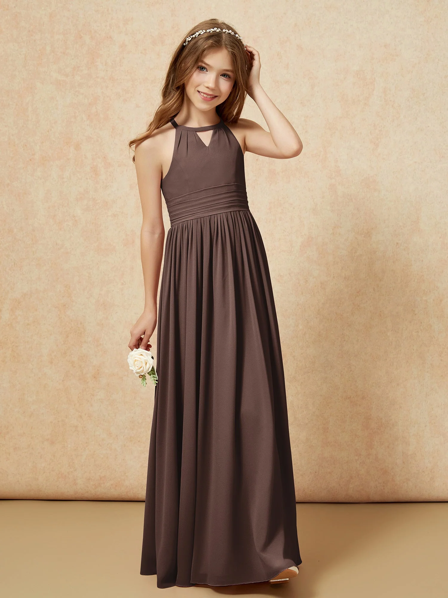 Halshalter Ärmellos Lang Chiffon Junge Brautjungfernkleider Schokolade - Image 4