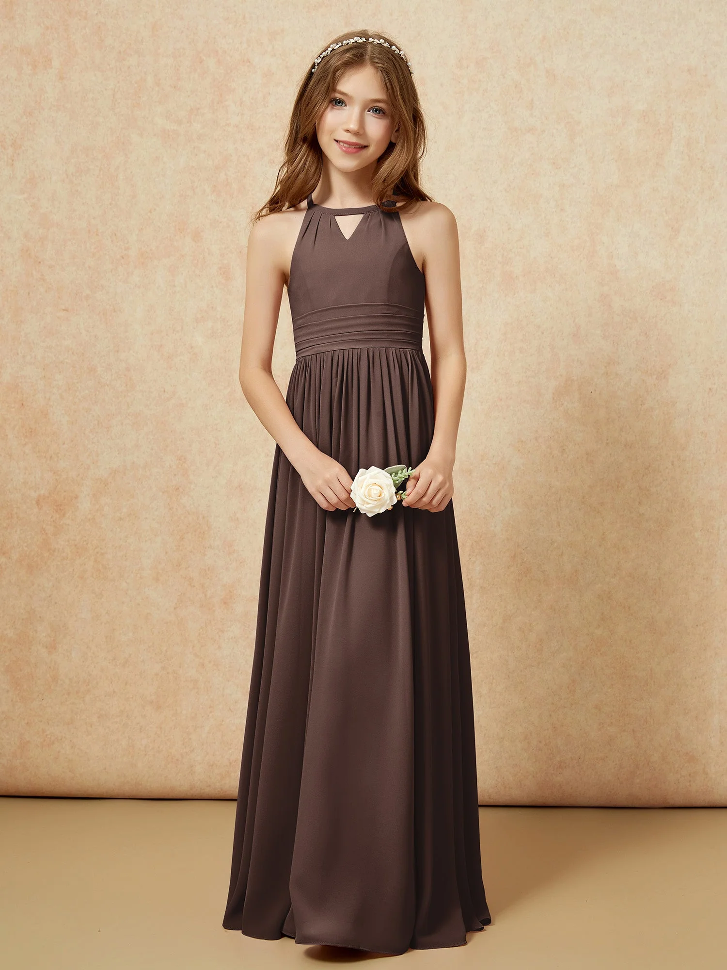 Halshalter Ärmellos Lang Chiffon Junge Brautjungfernkleider Schokolade - Image 5
