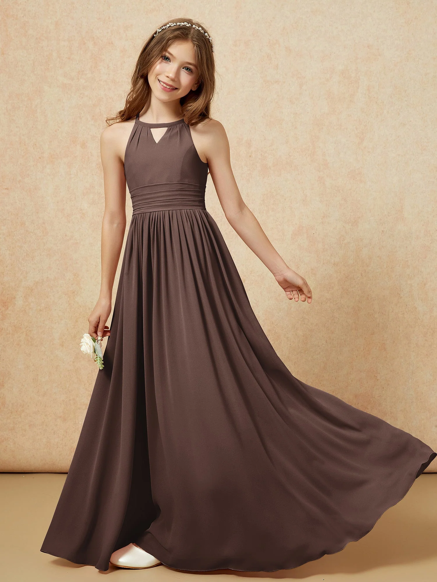 Halshalter Ärmellos Lang Chiffon Junge Brautjungfernkleider Schokolade - Image 6
