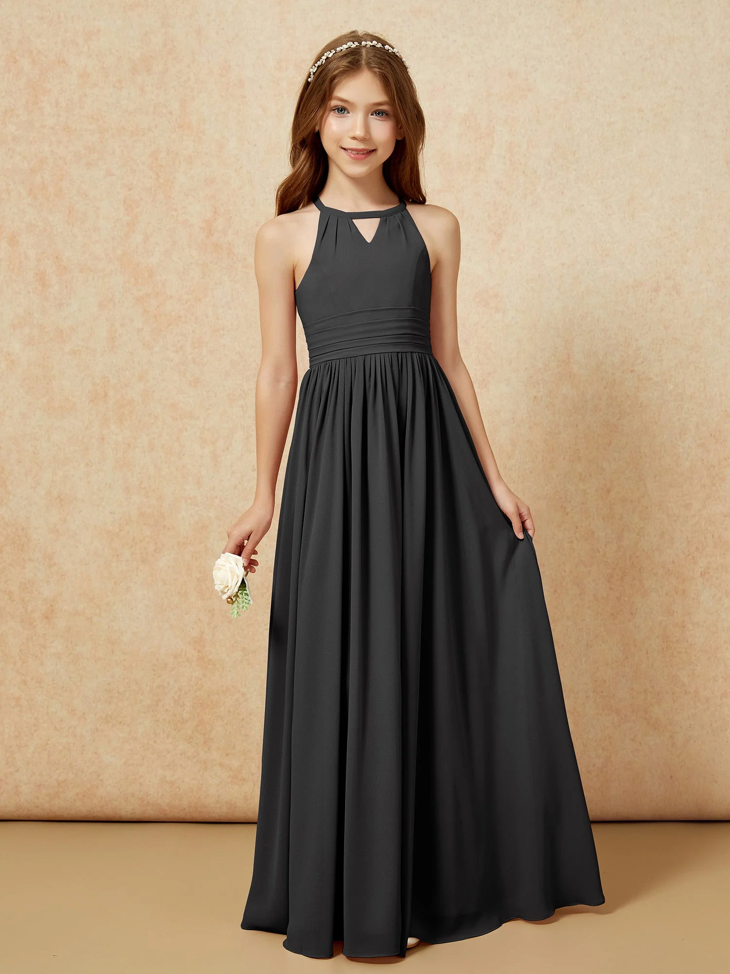 Halshalter Ärmellos Lang Chiffon Junge Brautjungfernkleider Schwarz
