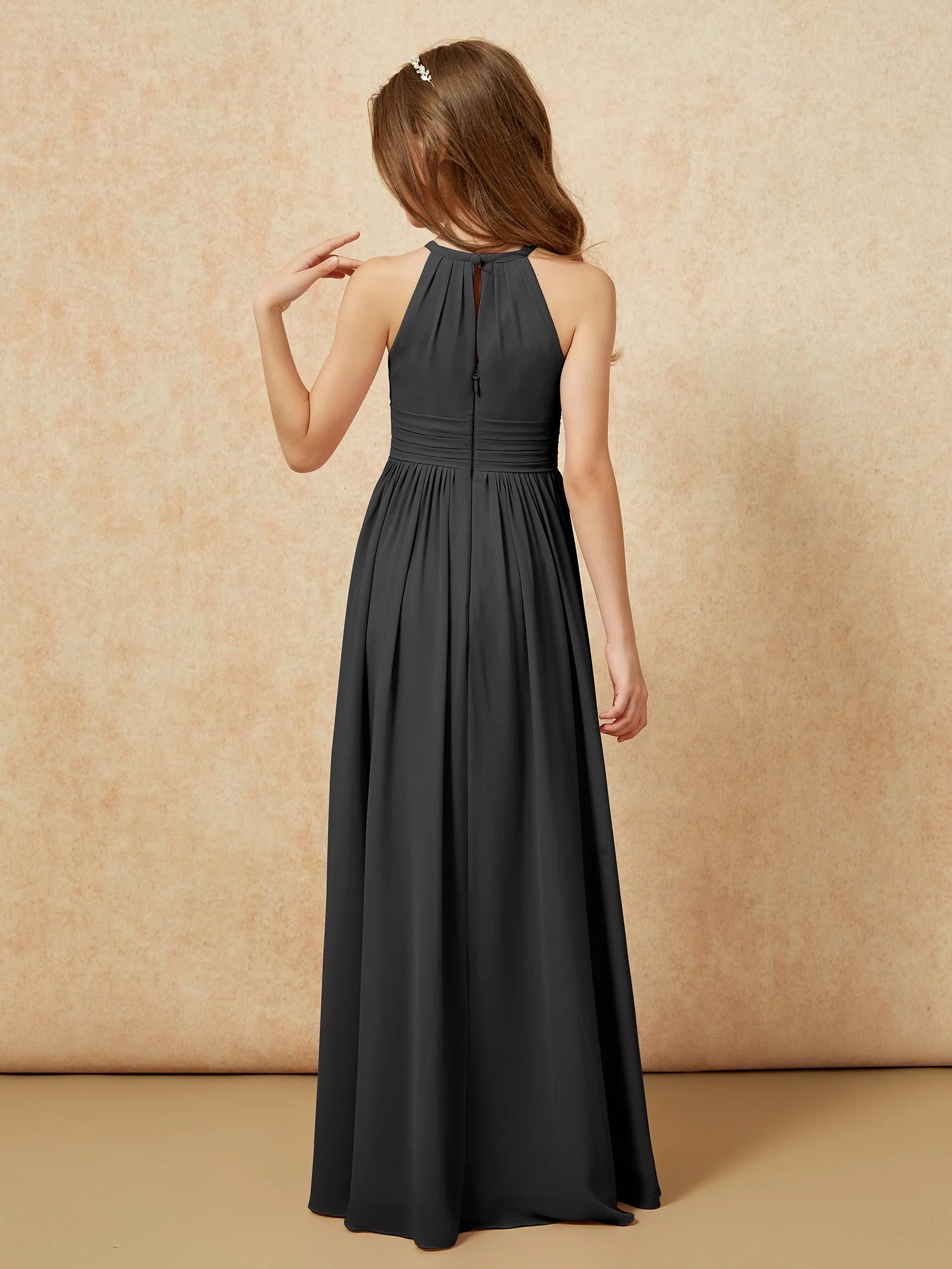 Halshalter Ärmellos Lang Chiffon Junge Brautjungfernkleider Schwarz - Image 2