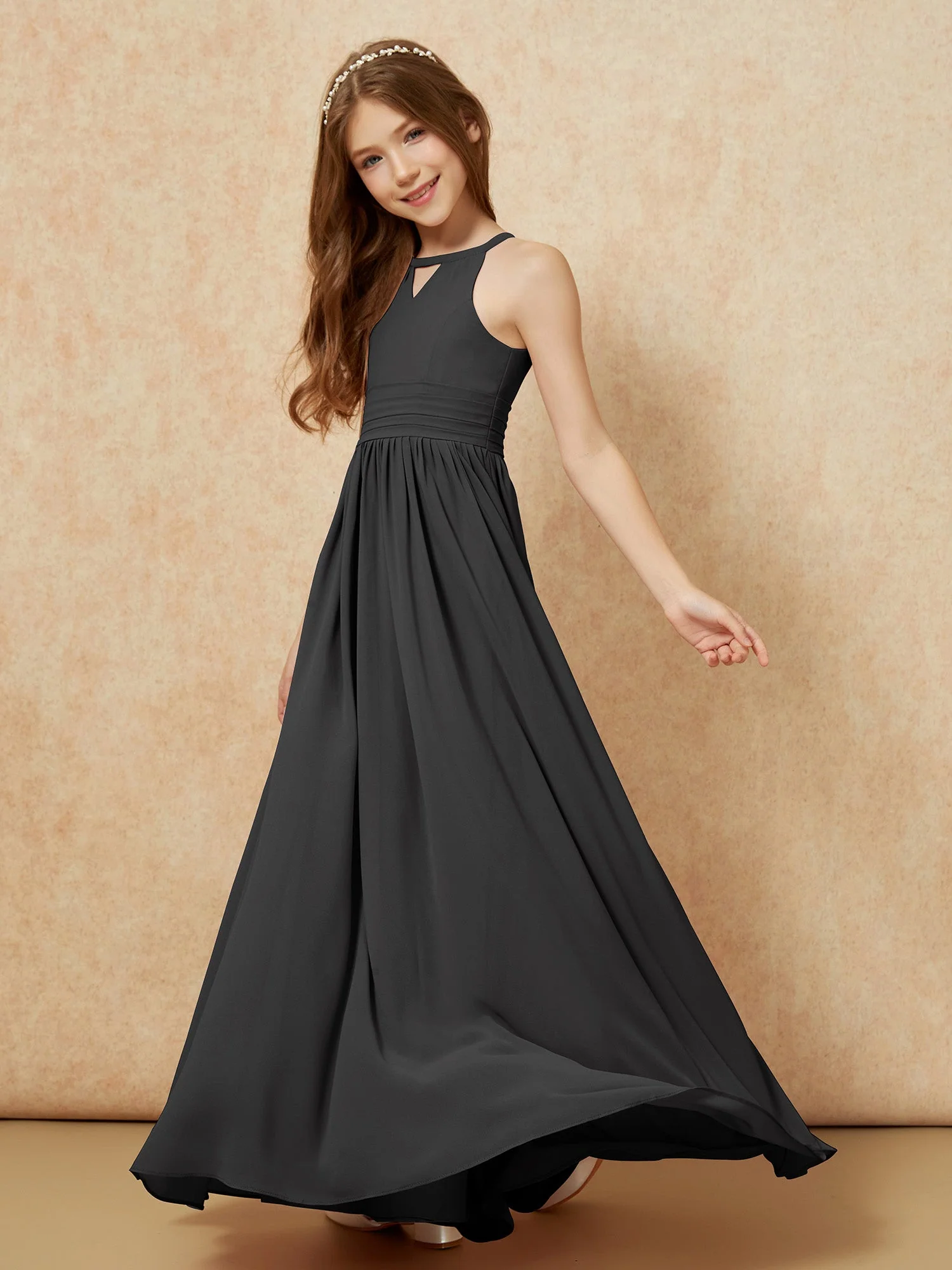 Halshalter Ärmellos Lang Chiffon Junge Brautjungfernkleider Schwarz - Image 3