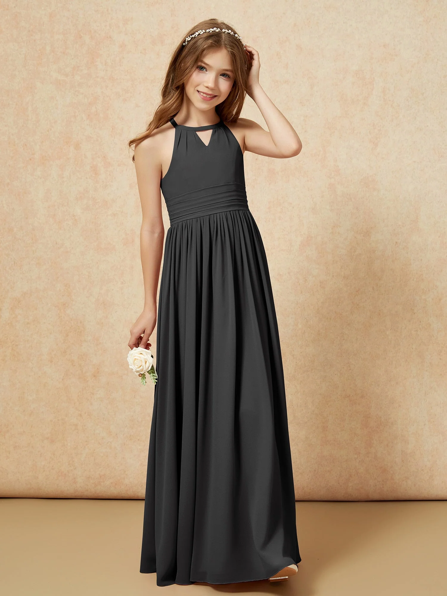 Halshalter Ärmellos Lang Chiffon Junge Brautjungfernkleider Schwarz - Image 4