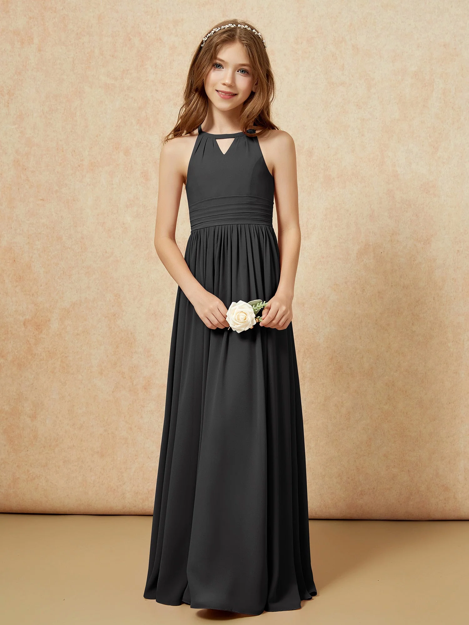 Halshalter Ärmellos Lang Chiffon Junge Brautjungfernkleider Schwarz - Image 5