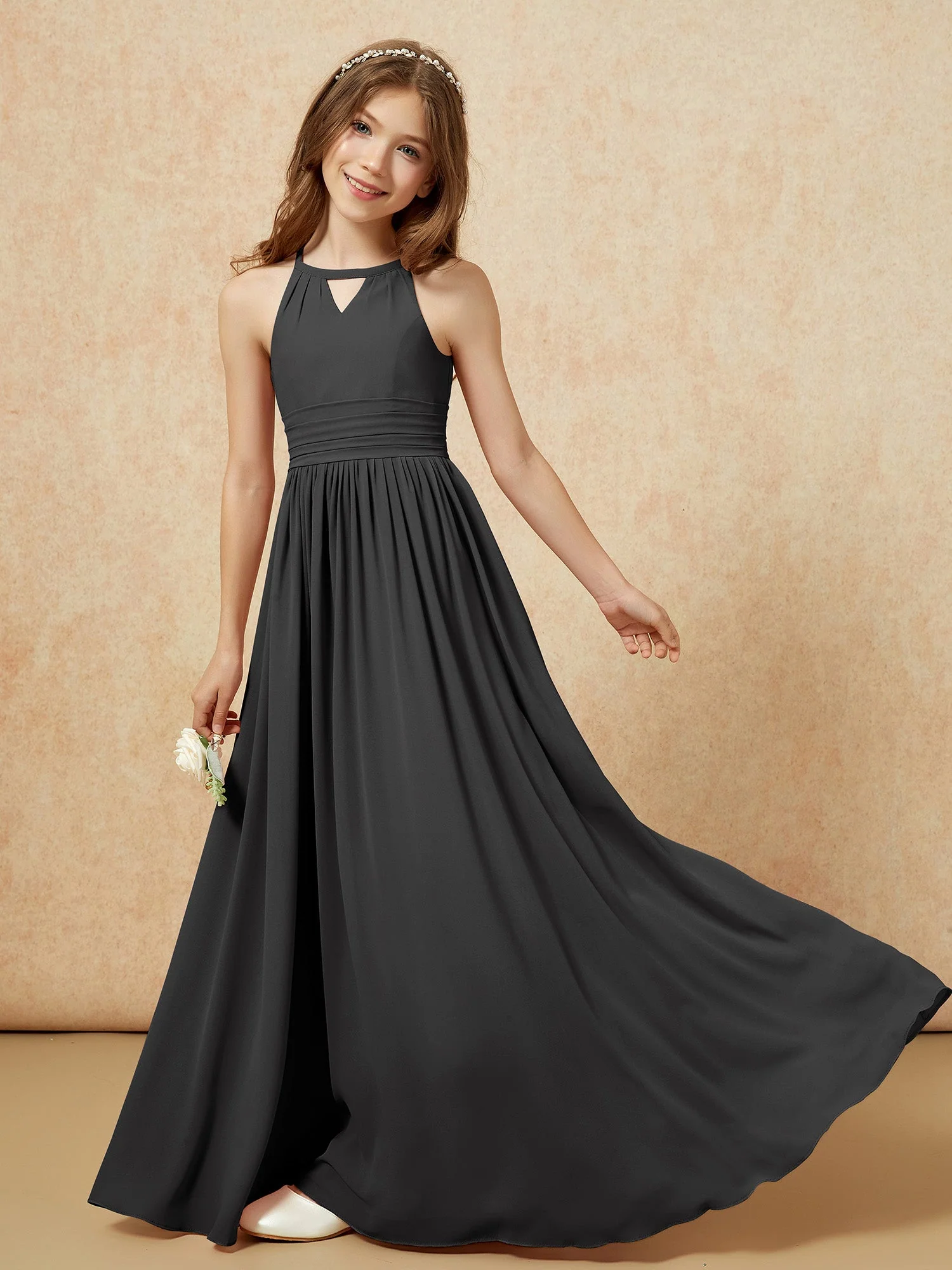Halshalter Ärmellos Lang Chiffon Junge Brautjungfernkleider Schwarz - Image 6