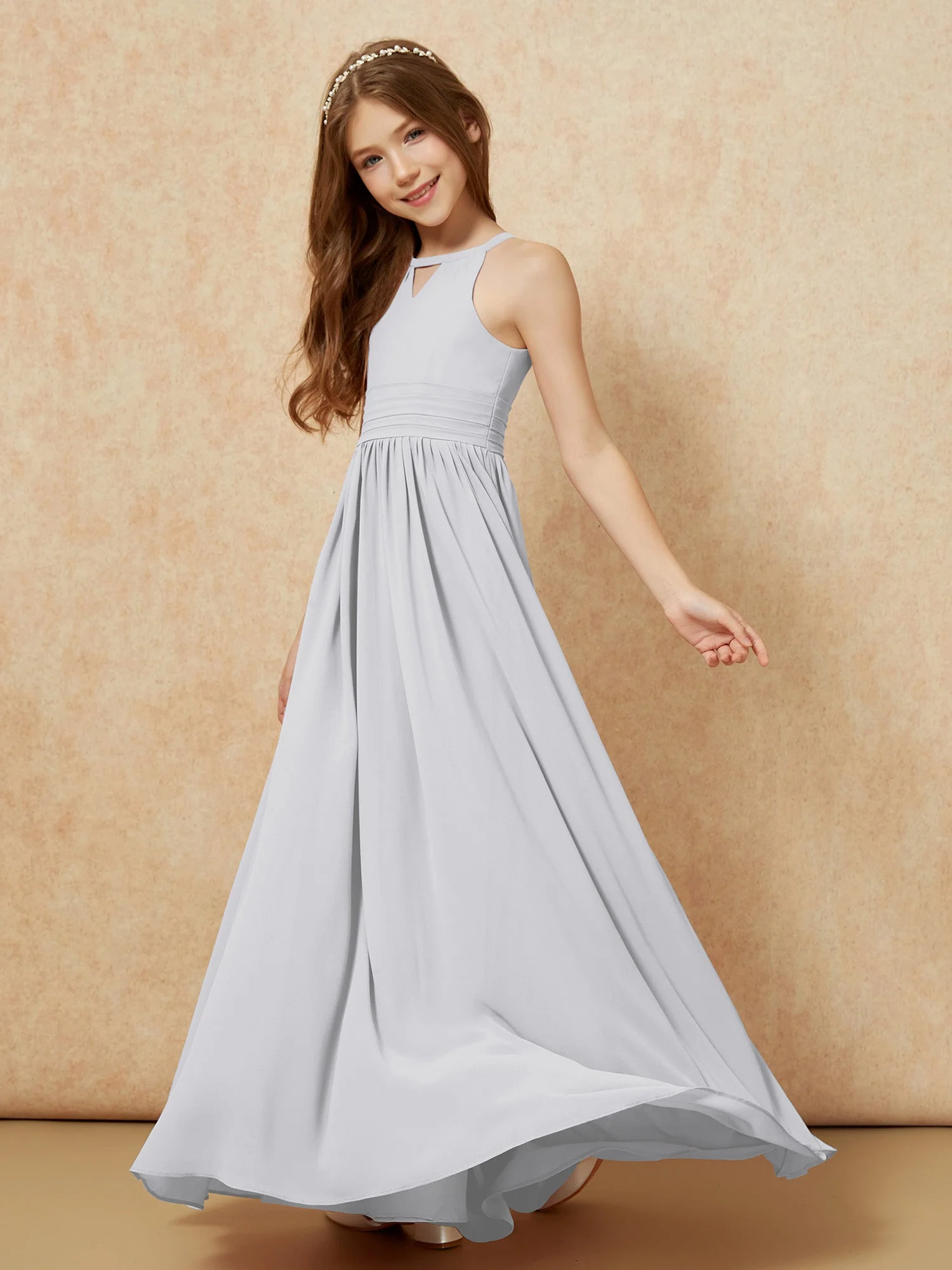 Halshalter Ärmellos Lang Chiffon Junge Brautjungfernkleider Silber - Image 3