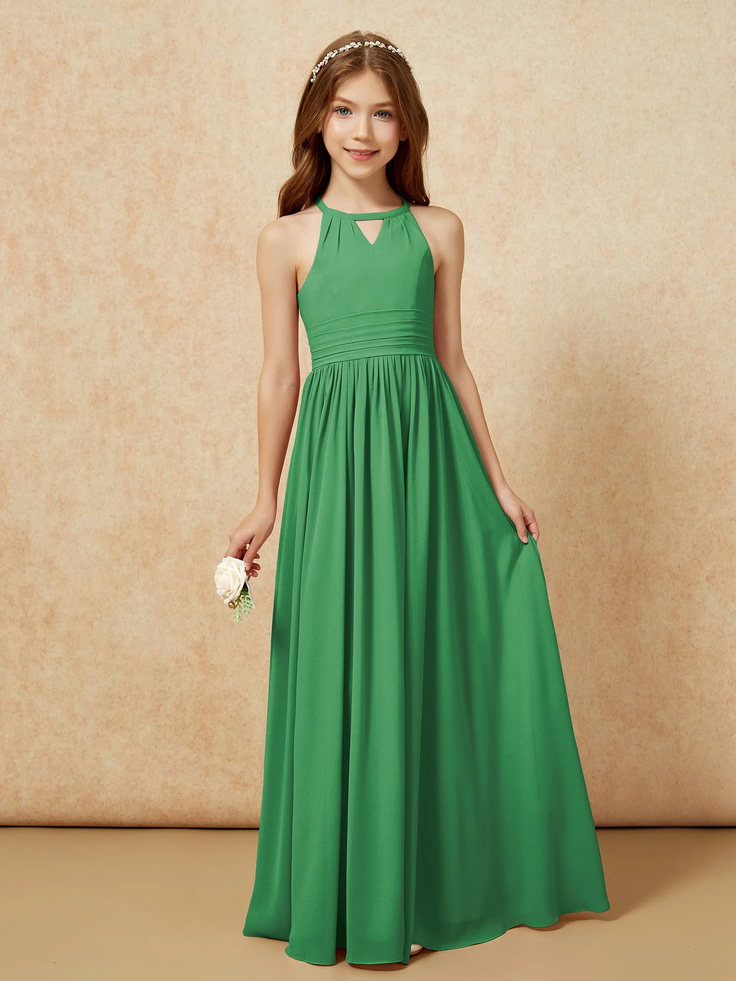 Halshalter Ärmellos Lang Chiffon Junge Brautjungfernkleider Smaragd