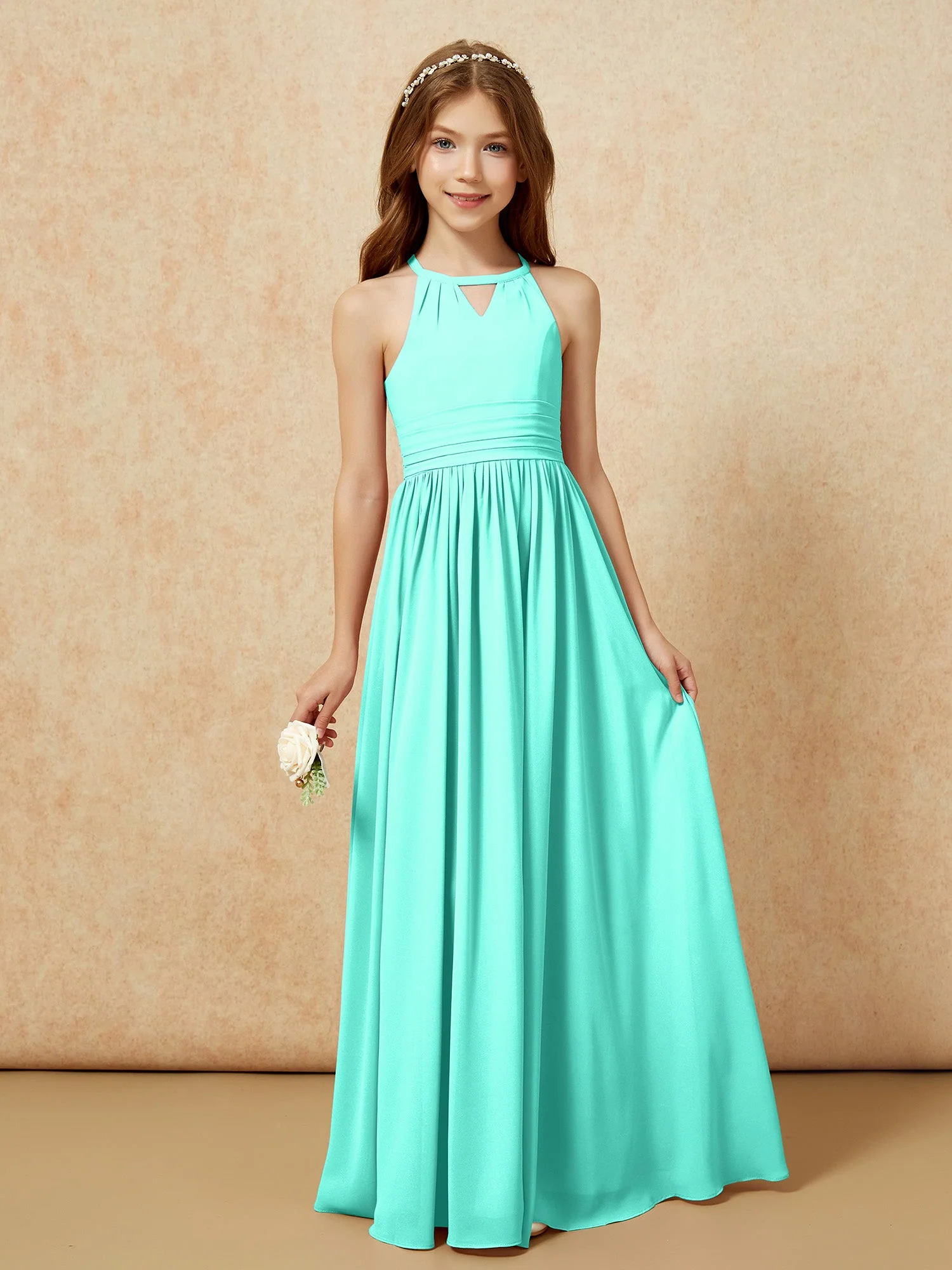 Halshalter Ärmellos Lang Chiffon Junge Brautjungfernkleider Spa