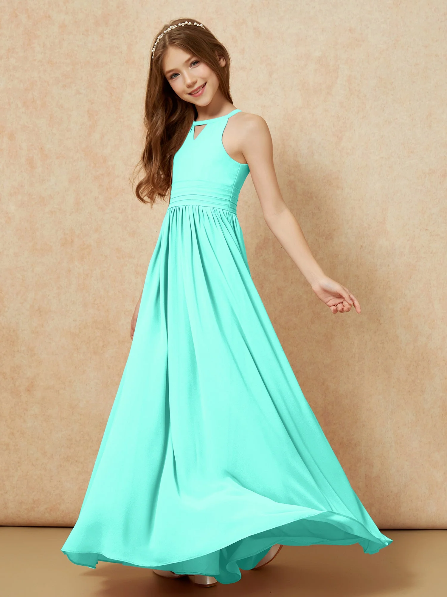 Halshalter Ärmellos Lang Chiffon Junge Brautjungfernkleider Spa - Image 3