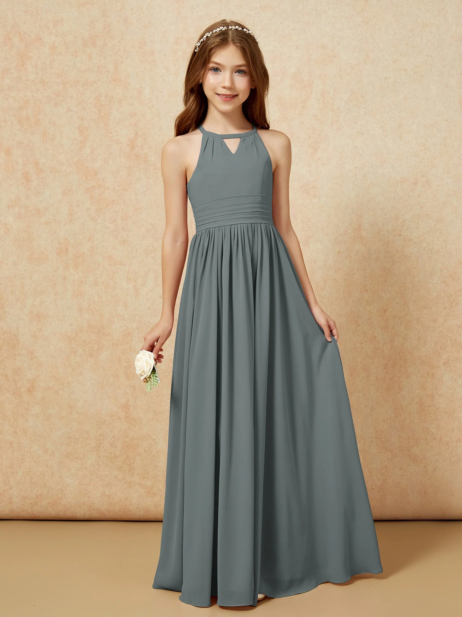 Halshalter Ärmellos Lang Chiffon Junge Brautjungfernkleider Stahlgrau