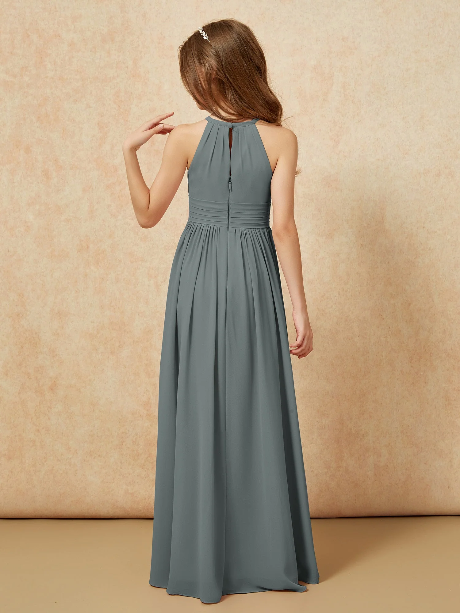 Halshalter Ärmellos Lang Chiffon Junge Brautjungfernkleider Stahlgrau - Image 2