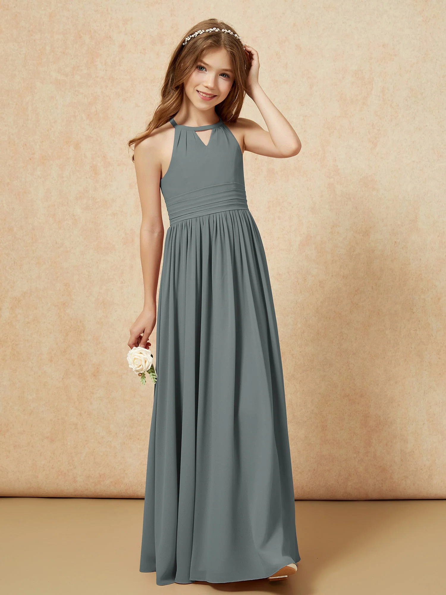 Halshalter Ärmellos Lang Chiffon Junge Brautjungfernkleider Stahlgrau - Image 4