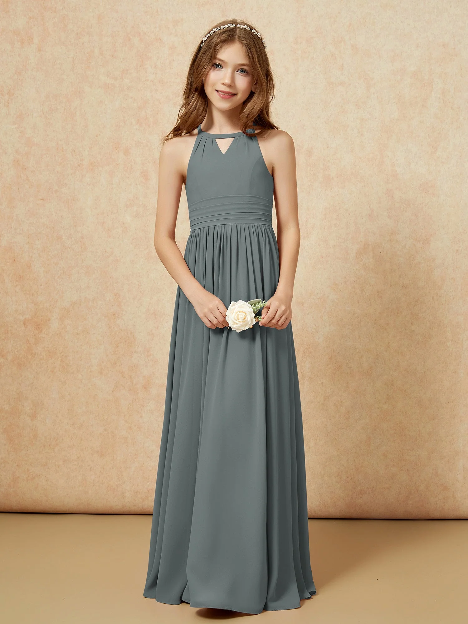 Halshalter Ärmellos Lang Chiffon Junge Brautjungfernkleider Stahlgrau - Image 5