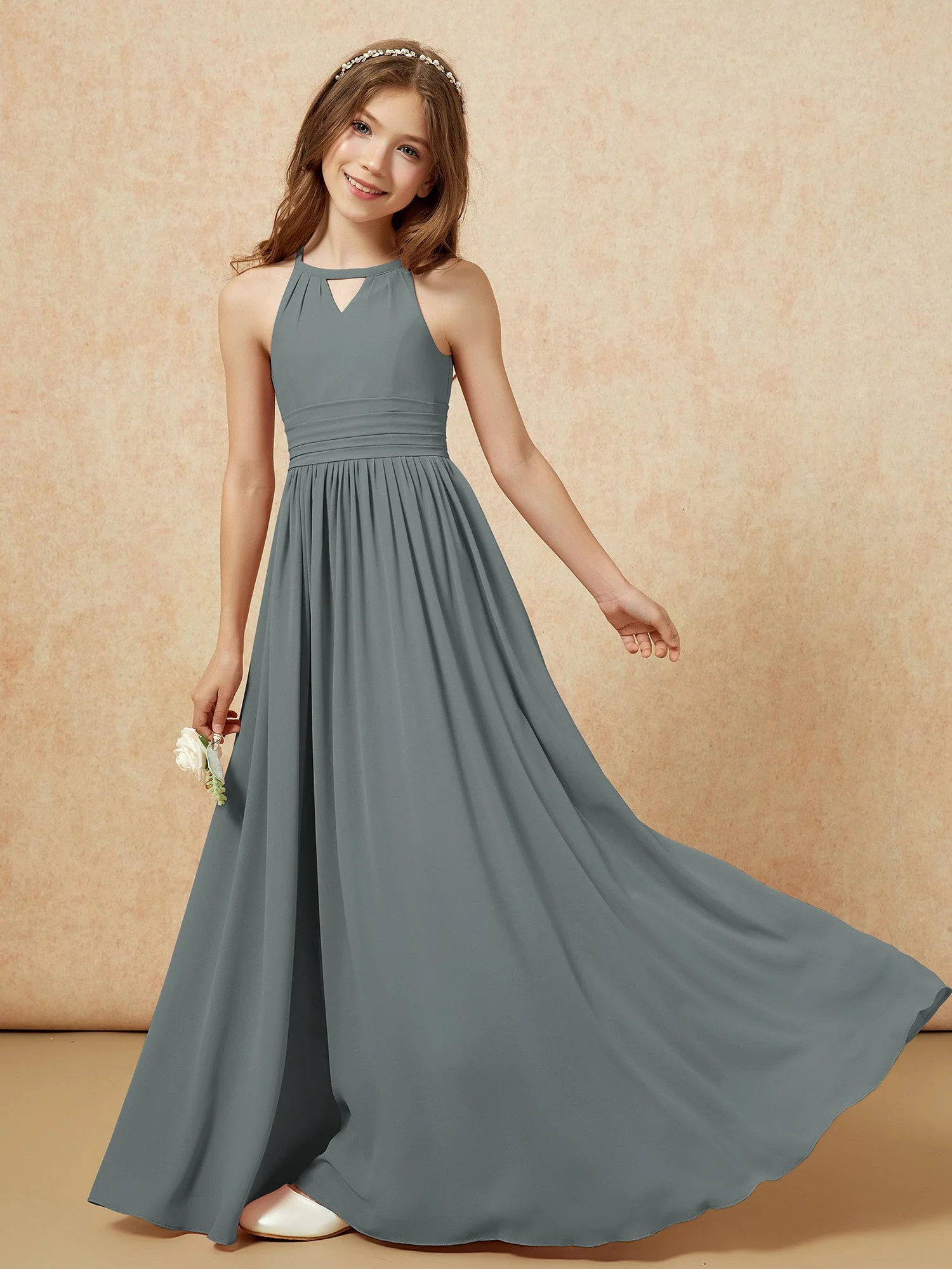 Halshalter Ärmellos Lang Chiffon Junge Brautjungfernkleider Stahlgrau - Image 6