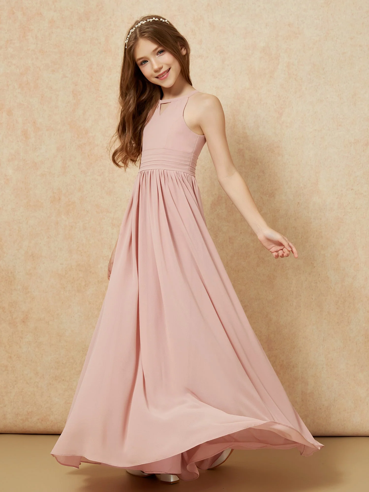 Halshalter Ärmellos Lang Chiffon Junge Brautjungfernkleider Staubige Rosa - Image 3
