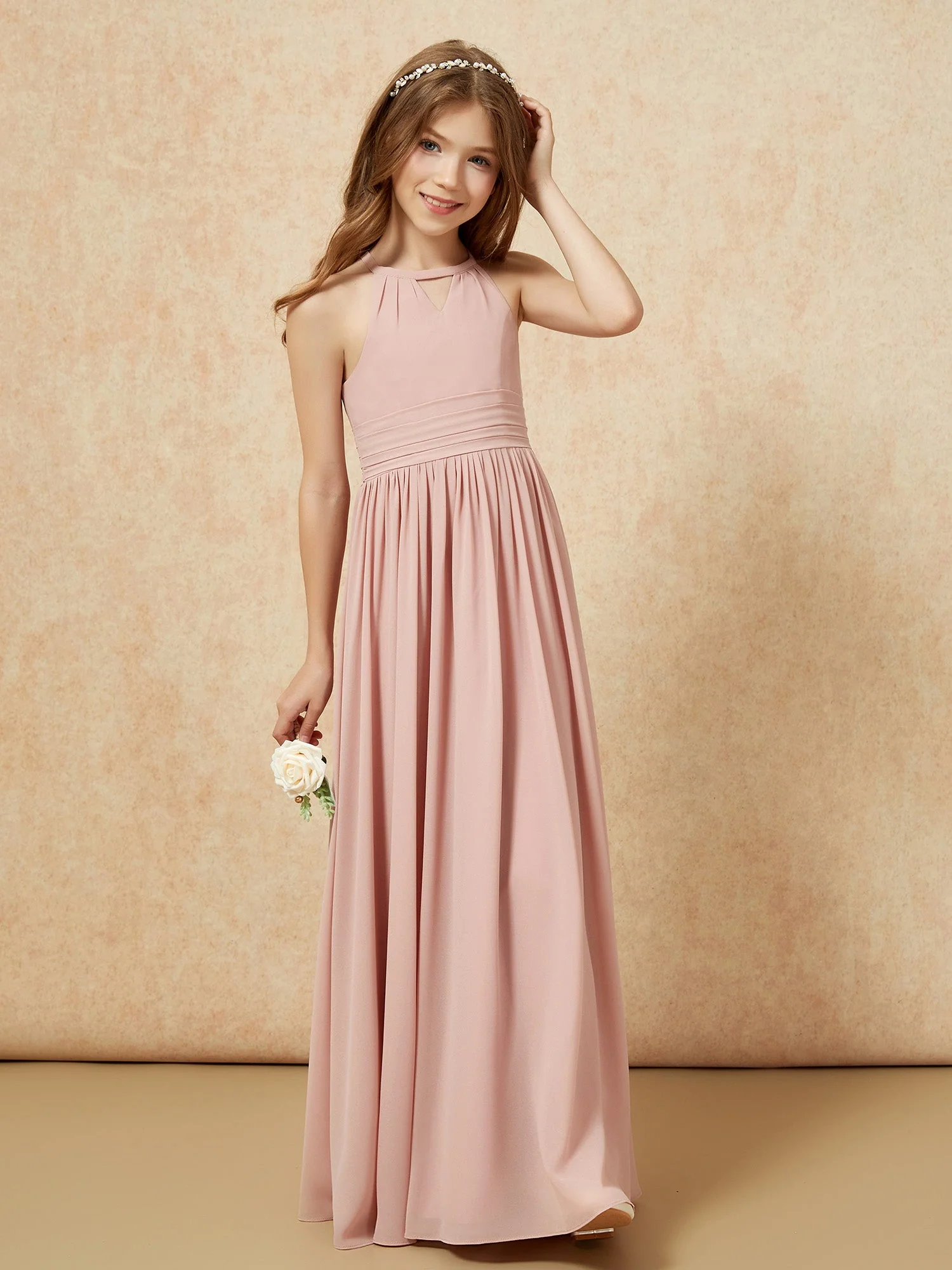 Halshalter Ärmellos Lang Chiffon Junge Brautjungfernkleider Staubige Rosa - Image 4