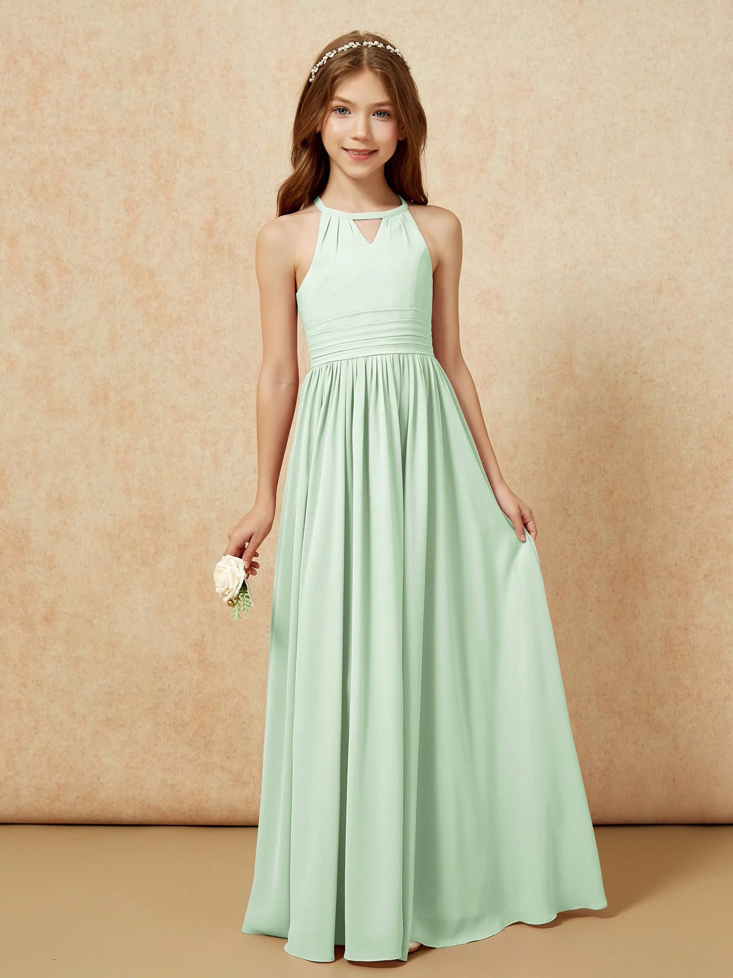 Halshalter Ärmellos Lang Chiffon Junge Brautjungfernkleider Staubiges Salbei